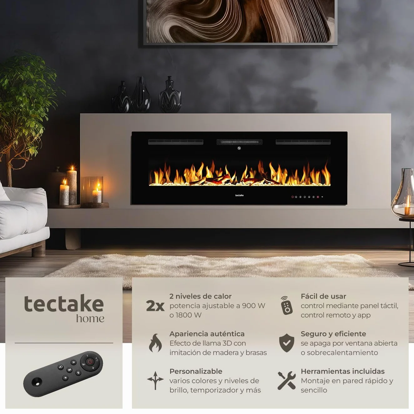 tectake® Chimenea Electrica Decorativa con Efecto Llama 3D, 2 Niveles de Calefacción, Control Remoto, Chimenea Eléctrica con Termostato Integrado, Protección Sobrecalentamiento - 12 x 127 x 43 cm
