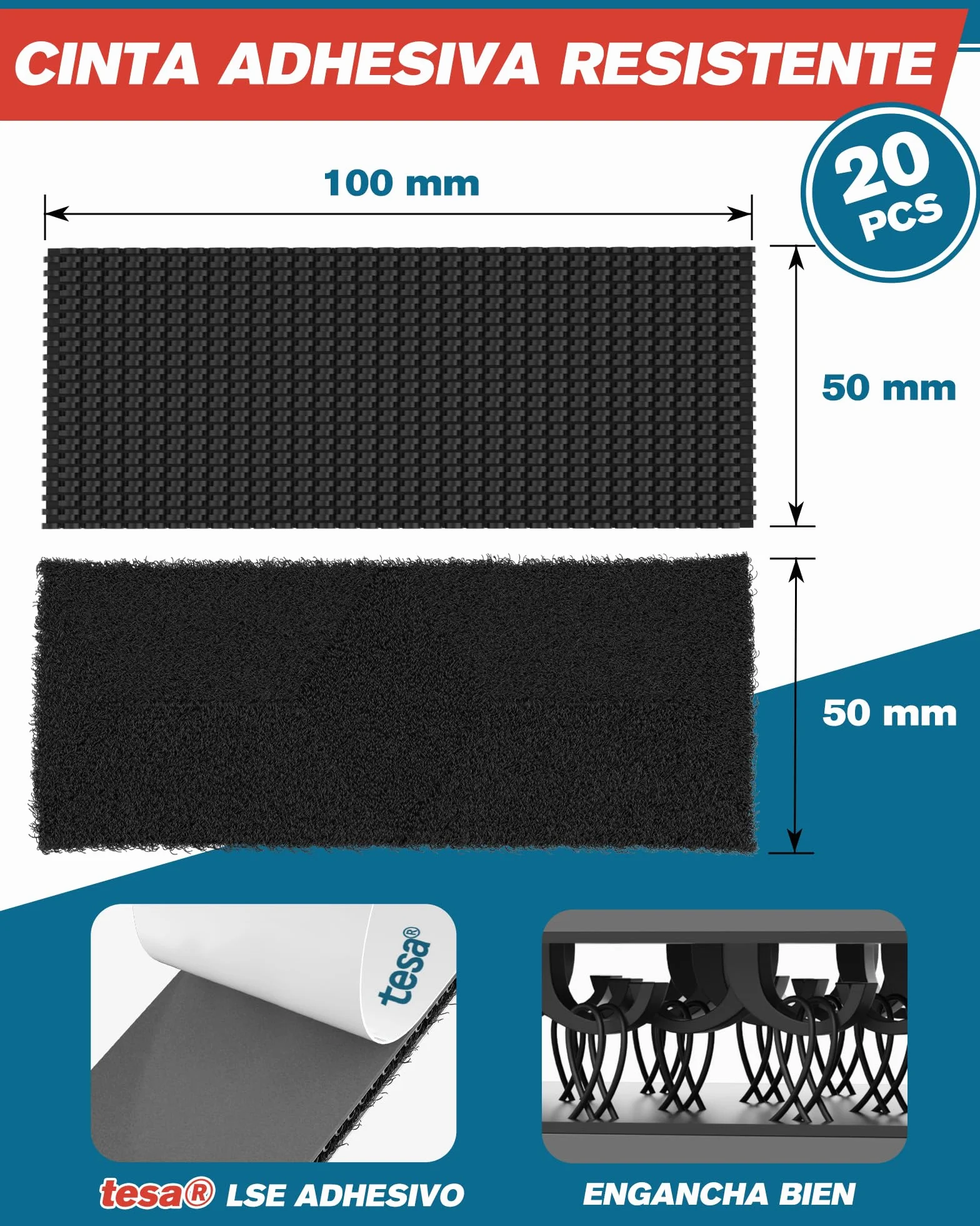 EMITEVER Autoadhesiva Doble Cara, 50X100mm Tiras Hook y Loop Tape Extrafuerte, Para Marcos De Fotos, Mosquiteras, Alfombrillas, Automóviles y Hecho a Mano (Negro, 50mmX100mm 20Pares)