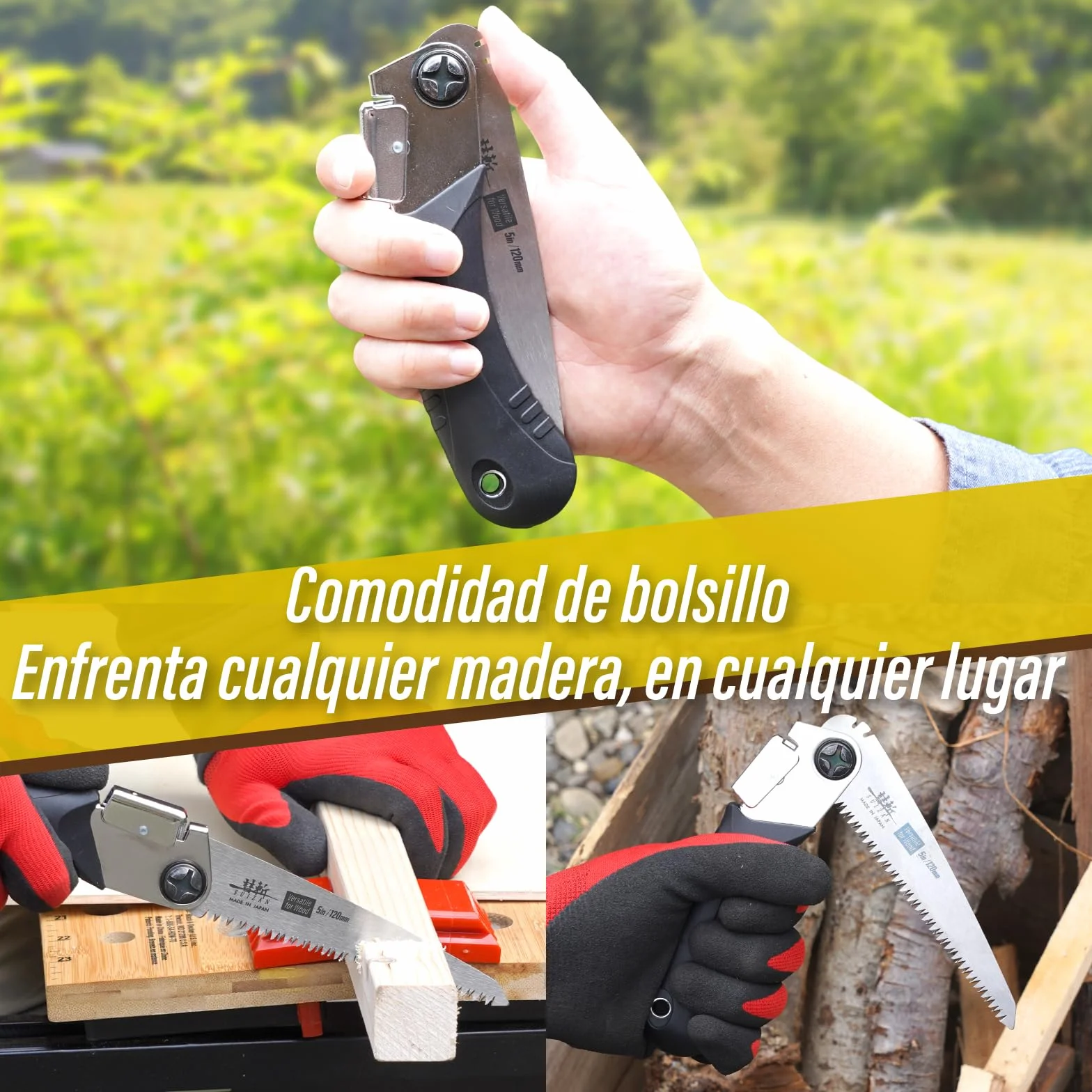 SUIZAN Sierra Plegable Japonesa 120mm Versátil para Madera - Serrucho de Poda Bushcraft Jardinería Carpintería Bricolaje