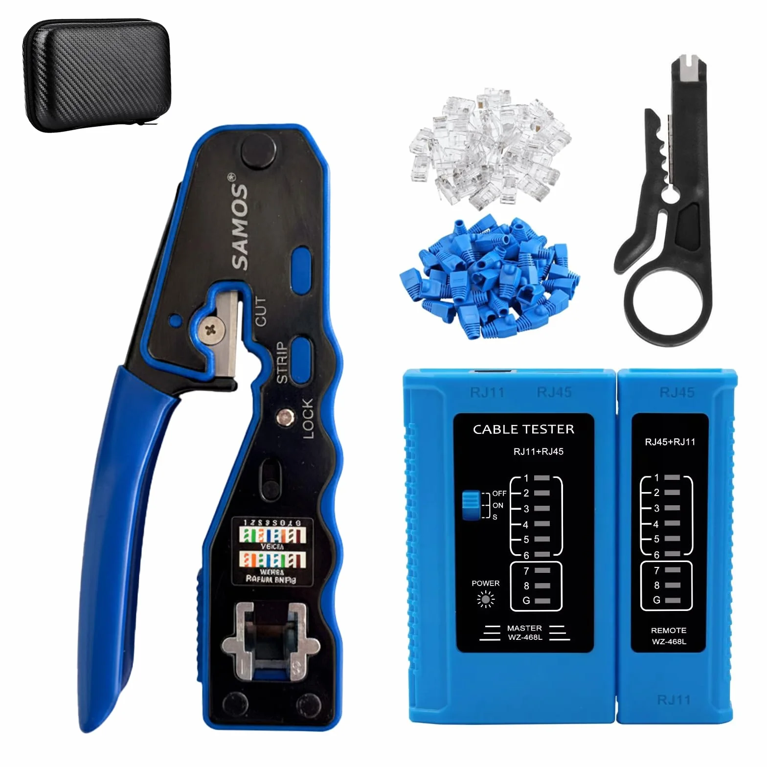 Samos® Crimpadora RJ45 Profesional con Tester RJ45 y Conectores – Kit Completo con Comprobador RJ45, Herramienta de Crimpado para Conectores y Terminales Eléctricos – Ideal para Redes Ethernet