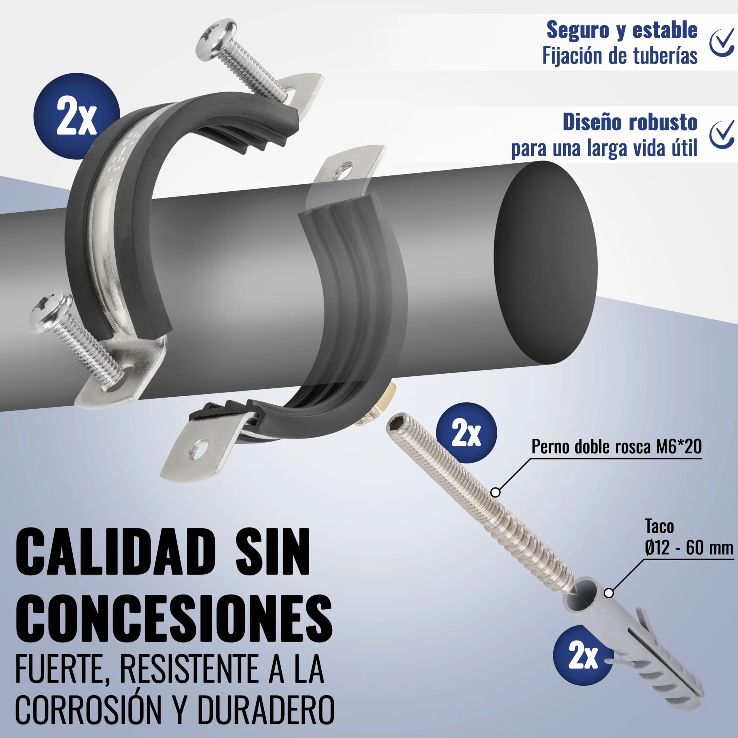 Poppstar 2x Abrazaderas de manguera de acero inoxidable W4 40-43 mm 1 1/4" M8*82