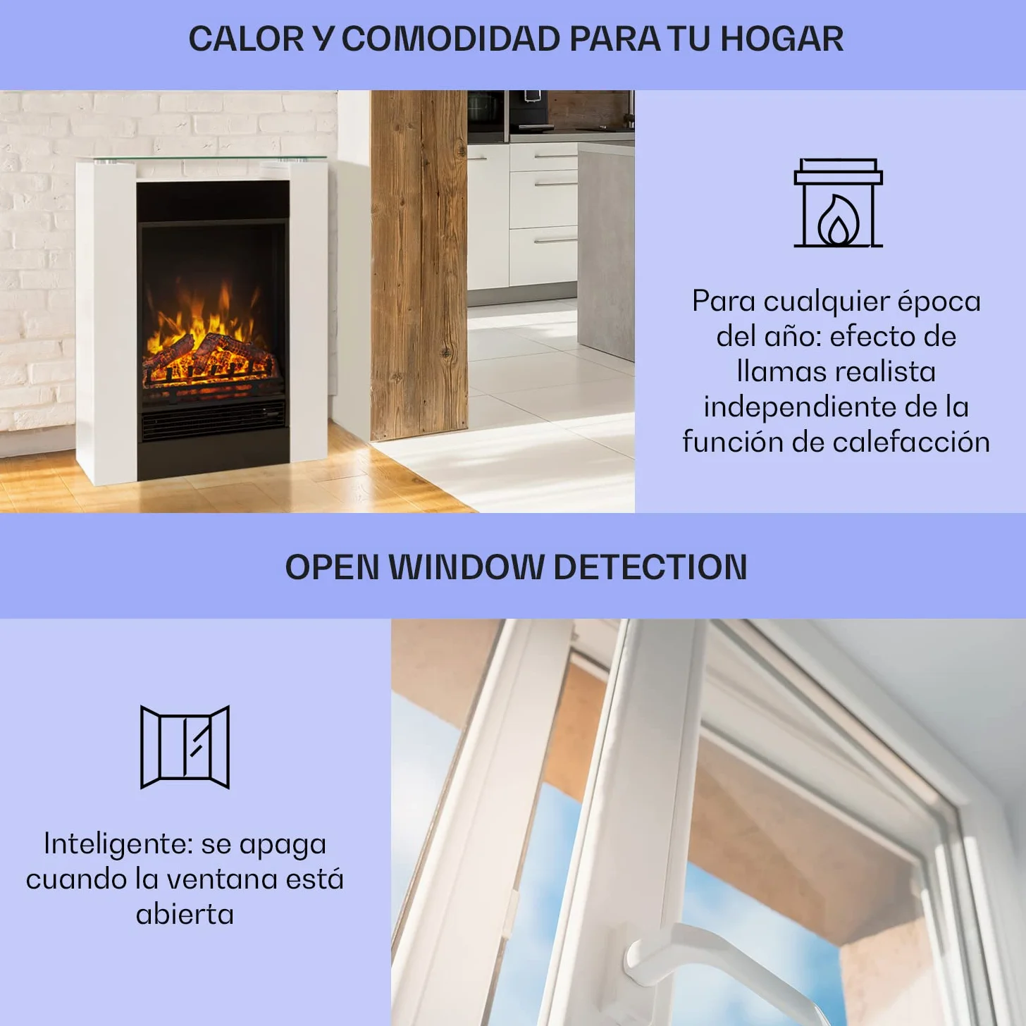 Klarstein Chimenea Electrica Pared, Estufa sin Leña de Interior, Chimeneas Electricas Decorativas 1800W, Llama LED, Chimenea Decorativa Falsa, Mando a Distancia, Temporizador y Termostato Ajustable