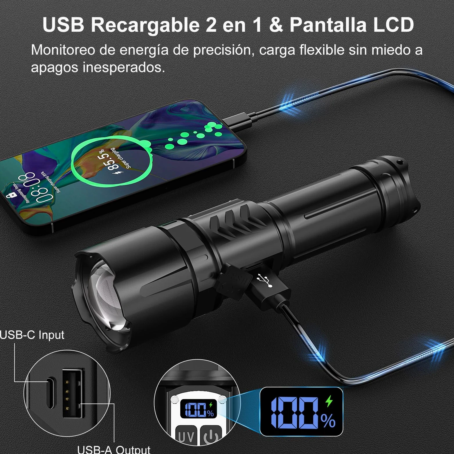 Shadowhawk 2-En-1 Linterna LED Alta Potencia Interruptor Doble 1000000 LM | Ajustar Del Brillo,Linterna Super Potente,Hasta 1000m,Luz Linterna UV para Camping/Emergencias/Detección De Orina De Mascotas