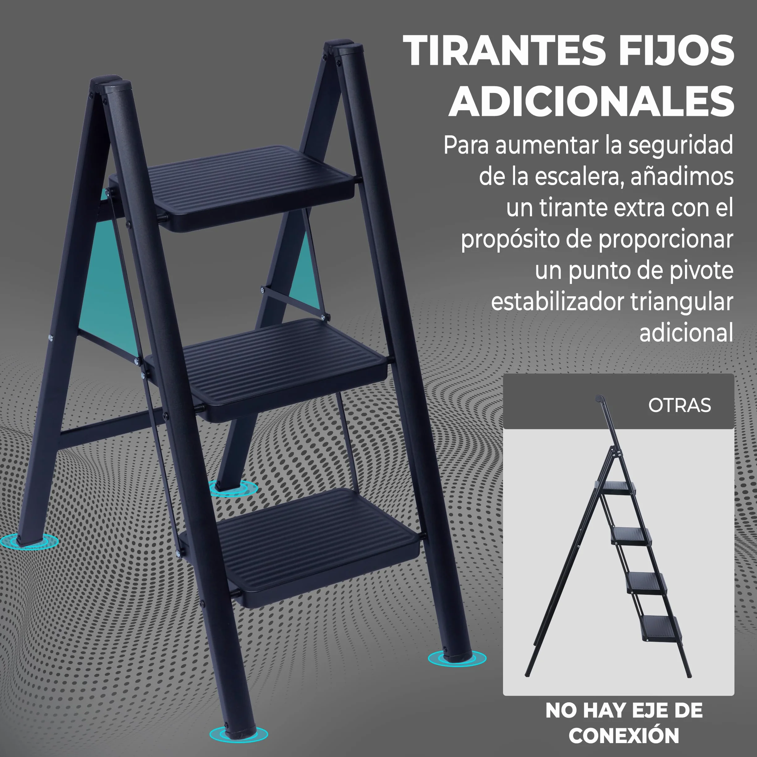 UZIRO Escalera Plegable 3 Peldaños, Escaleras Decorativa, Peldaños Anchos Antideslizantes, Ideal para Uso en Hogar, Cocina y Oficina, Fácil de Guardar y Transportar, Resistente (Negro, 3 Peldaños)