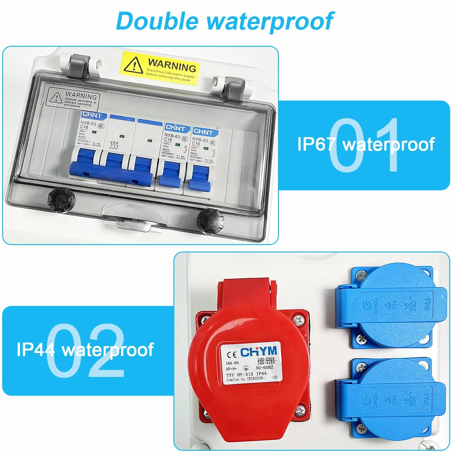 7 Piezas Cuadro Electrico Kit, Carcasa IP54 con Disyuntor de 16A, Toma 5P16A y Toma de 220V, Enchufe Pared Exterior Impermeable, para Taller, Industria, Industria de la Construcción