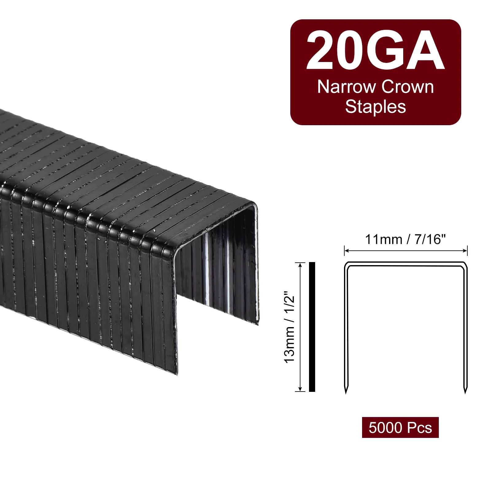 QUARKZMAN Grapas De Tiara Estrecha Calibre 20 7/16"x1/2", 5000Pcs Acero Galvanizado Para Grapadora Neumática Y Eléctrica, Negro