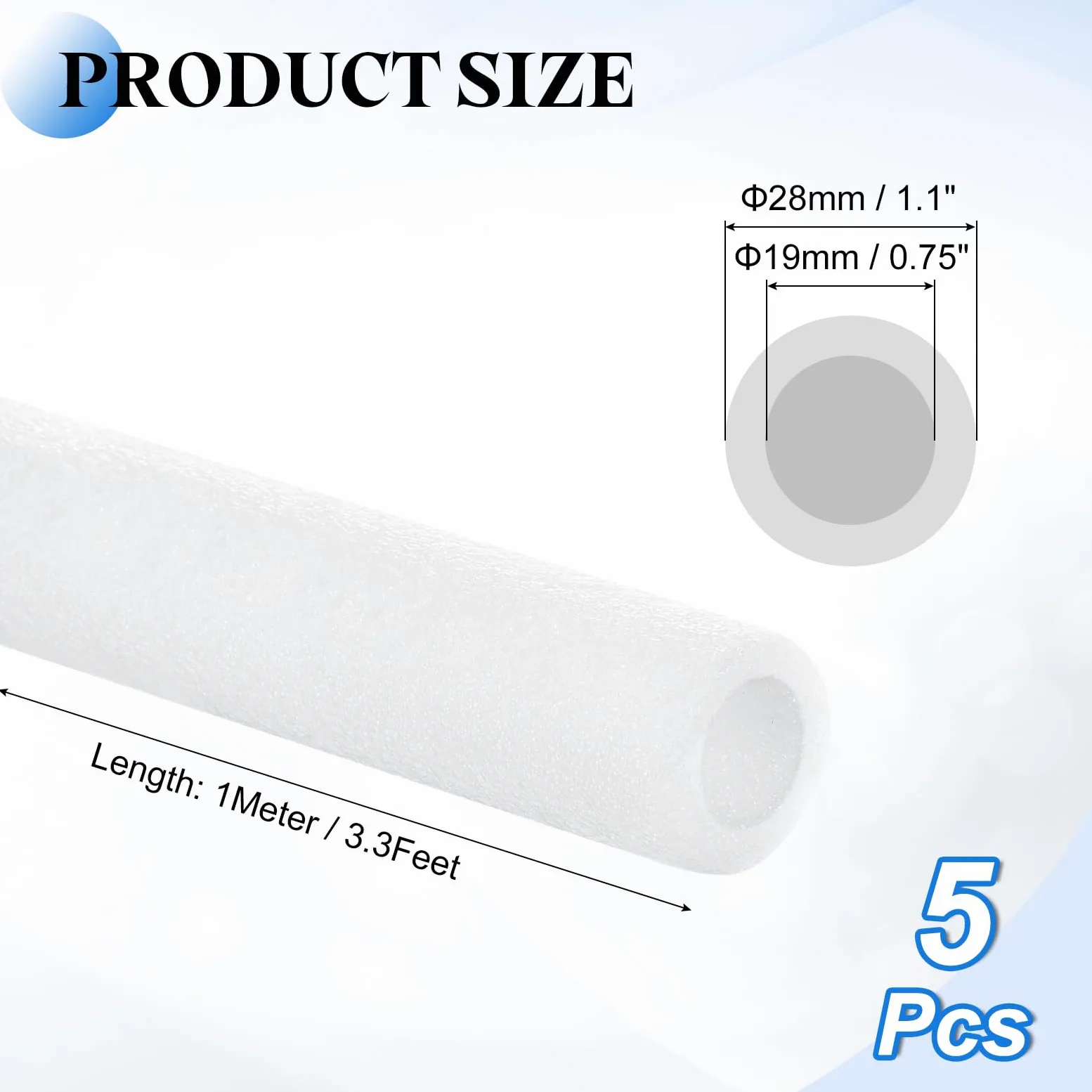 QUARKZMAN 5 Pcs Tubo De Espuma Para Aislamiento De Tuberías De 0.75 Pulgadas 3.3 Pies, Cubiertas De Tubo Hueco Para Protección Contra La Tuberías De Agua Fría Y Caliente, Blanco OD 1.1"