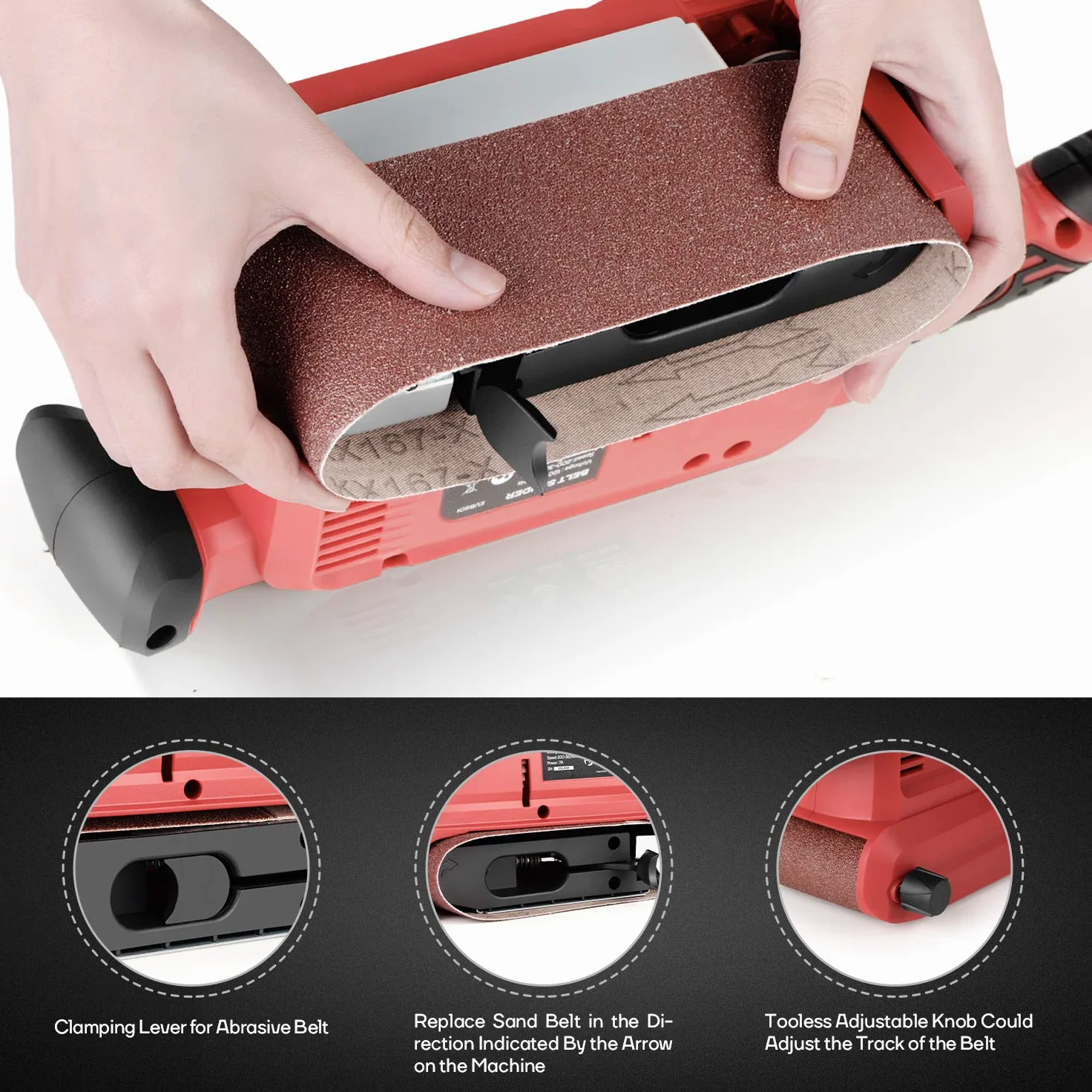 Eastvolt Lijadora de banda de 7 amperios 200-360 RPM con 6 velocidades variables, lijadora de banda de 3 x 18 pulgadas con 20 correas de lijado, abrazaderas de tornillo, bolsa de polvo