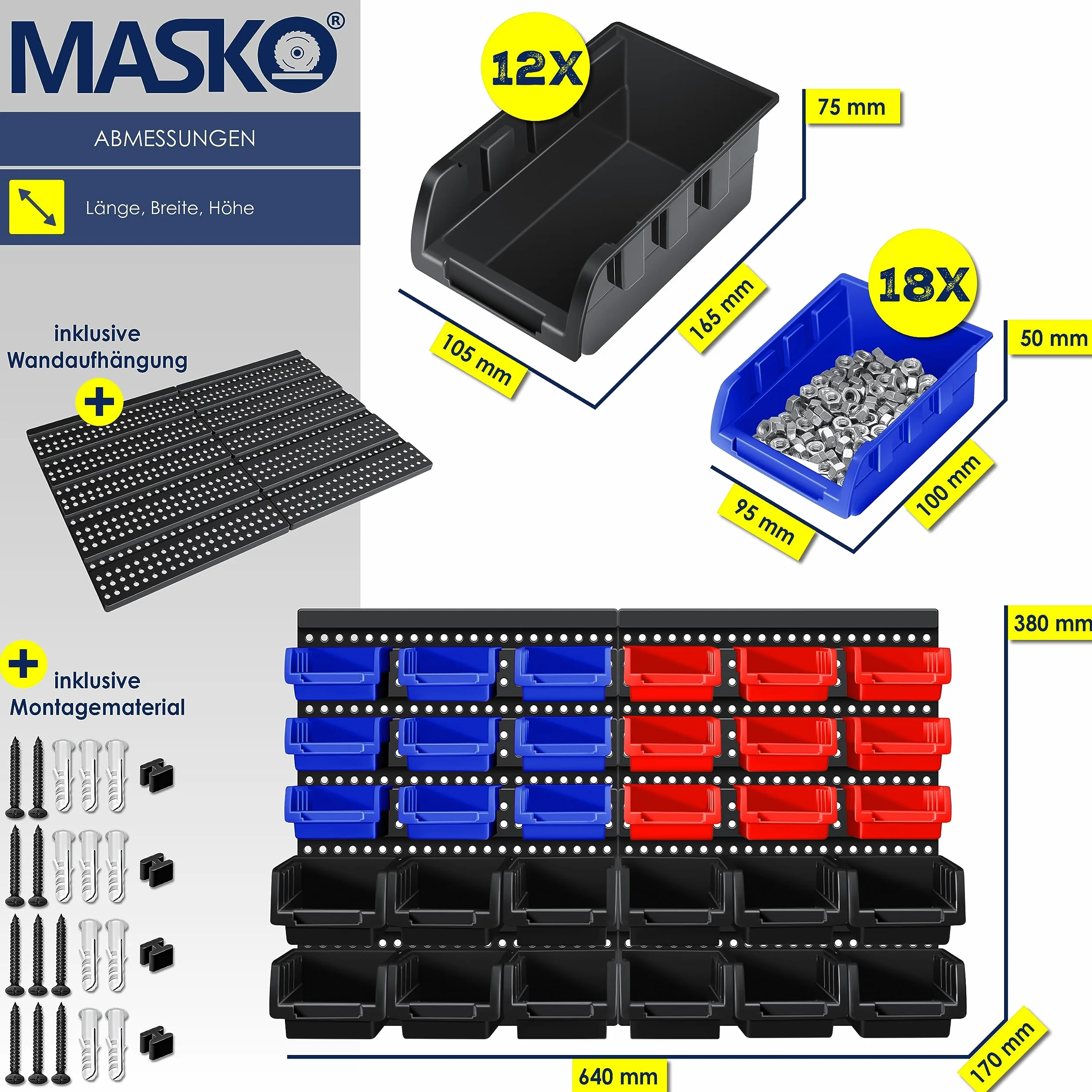 MASKO® Cajas Apilables, Estante de Pared, Cajas de Almacenamiento visibles, Estante Basculante, Estante Enchufable, 32 partes - Negro/Azul/Rojo