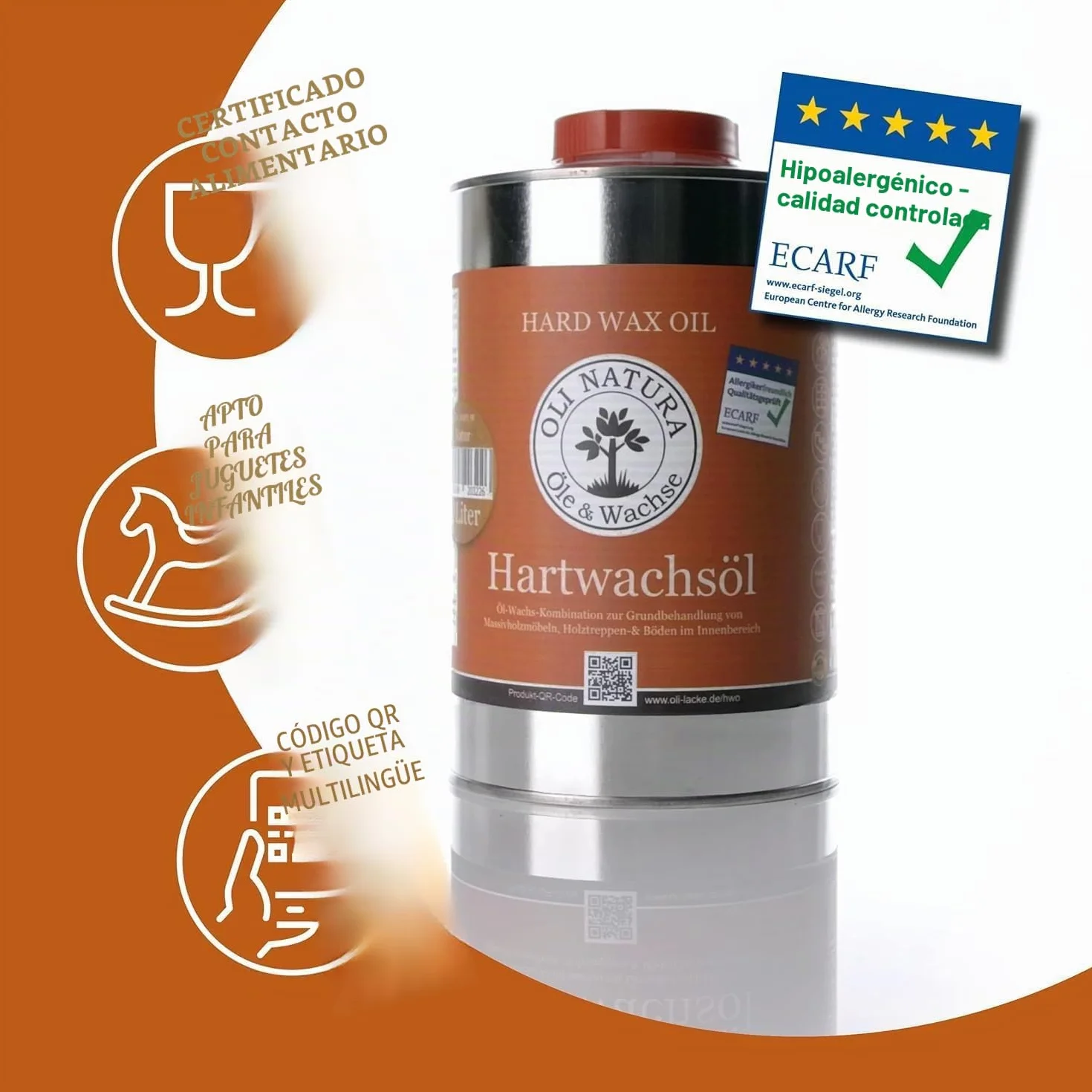 OLI-NATURA Aceite de cera dura - para suelos de madera, parqué, muebles, escaleras, puertas y encimeras, 1 L, Color: natural
