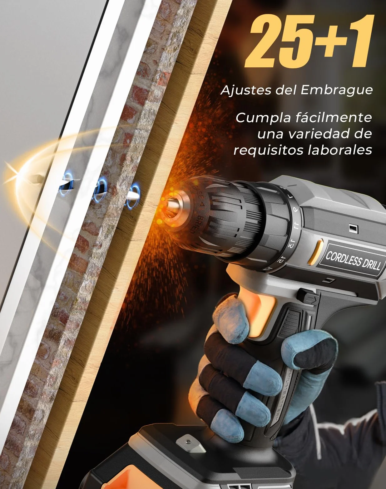 Taladro Atornillador Inalámbrico 20V, Taladro Atornillador Bateria 42Nm con 25+1 Ajustes de Torque, Luz LED, Kit 56 Piezas, Destornillador Eléctrico para Bricolaje en Casa y Jardín, Gris