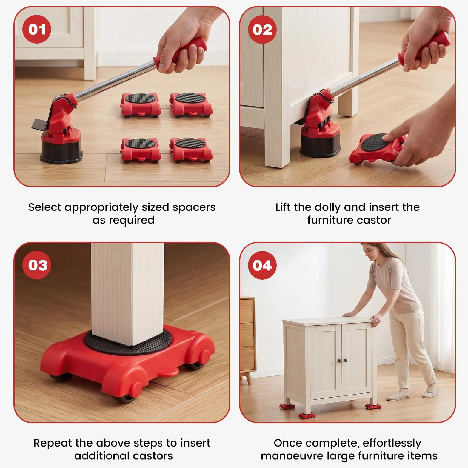 Juego de Elevador de Mueble, Juego de Ruedas de Transporte con 4 Rodillos de Muebles y Elevador de Carga, Carga 500kg, Transportador de Muebles para Sofá, Mesa