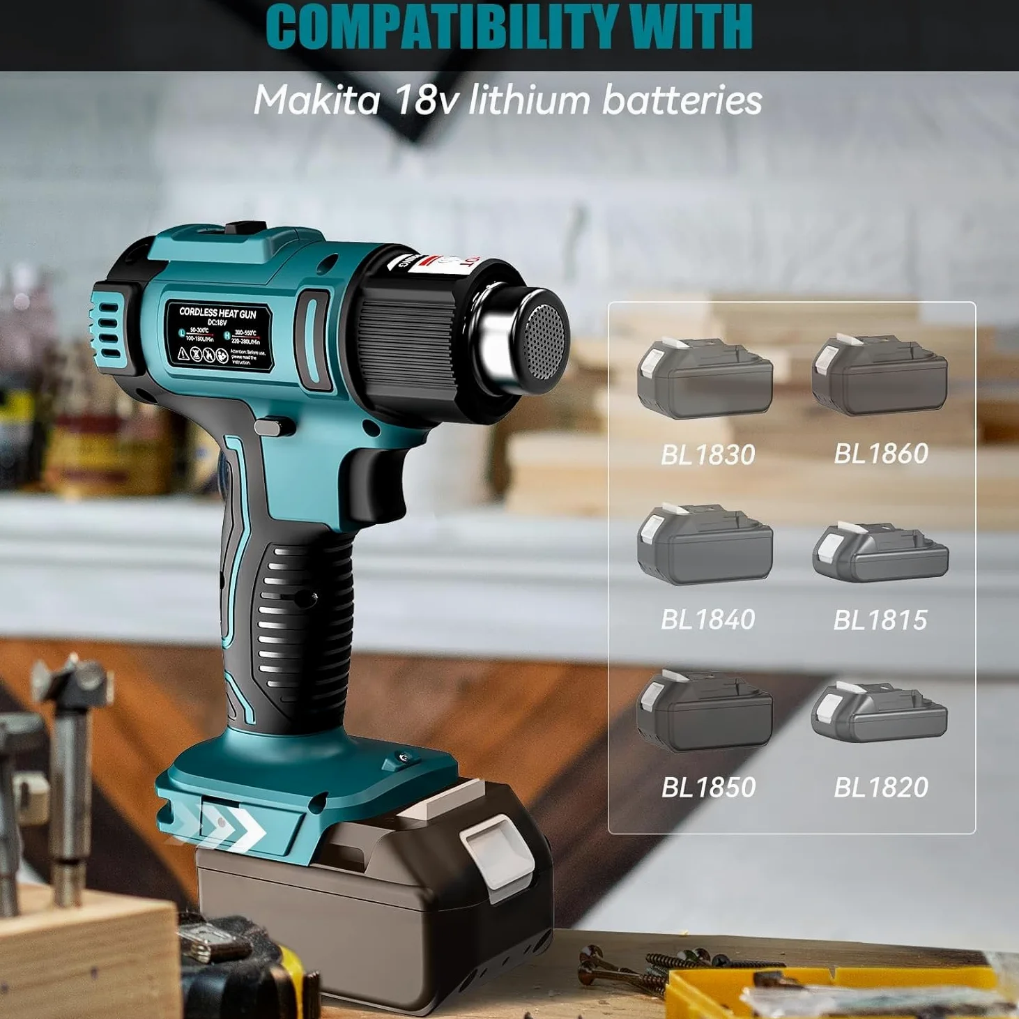 Decaper térmico inalámbrico para batería Makita 18V, 600W 50℃-550 ℃ Decaper térmico AVCE 5 Bocas de ventilación, 6 velocidades de viento, pantalla de temperatura LED, para manualidades, tubos