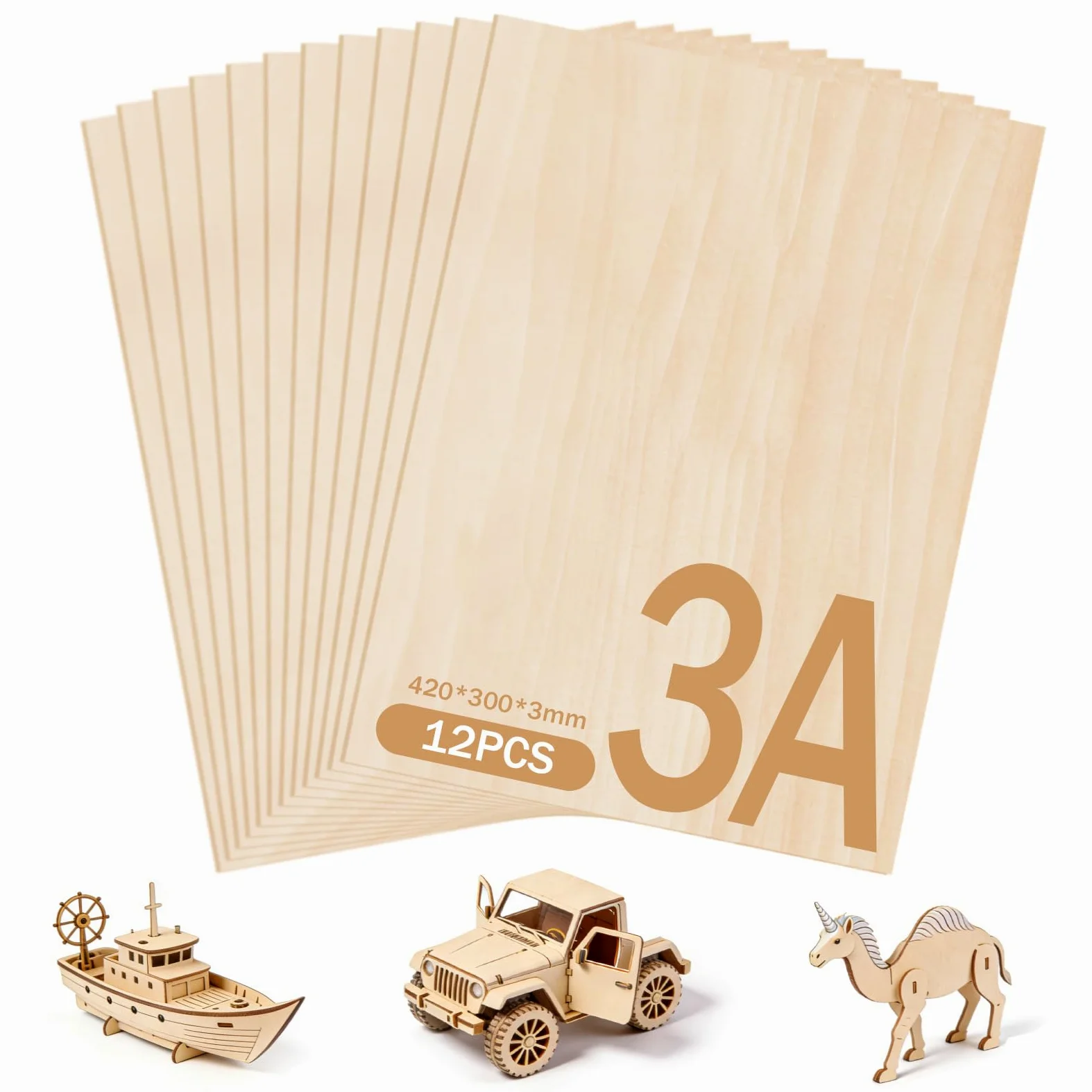 12 Piezas Lámina De Madera Contrachapada De 3 mm, Formato A3, Adecuada Para Manualidades, Carpintería, Corte Láser, Pirograbado, Modelismo, Regalos, Decoraciones Y Pintura(420 X 300 mm X 3 mm)