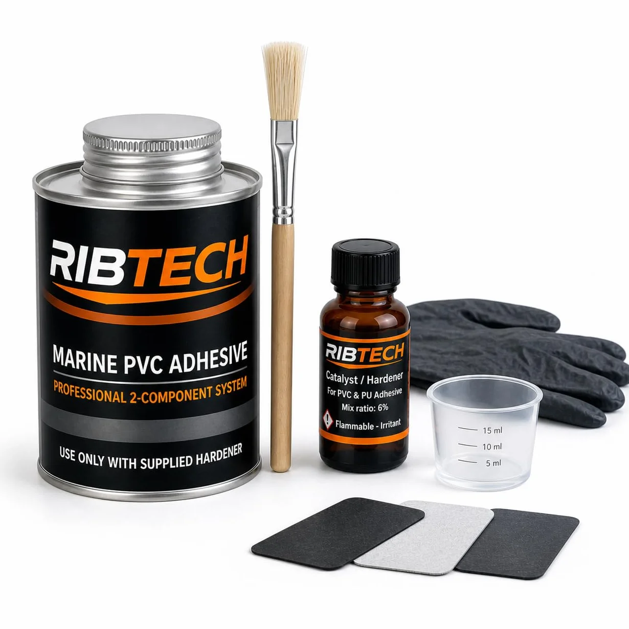 Kit Reparación PVC Profesional – Pegamento PVC 2 Componentes para Zodiac, Paddle Surf, Kayak y Hinchables – Incluye Parches, Pincel, Vaso, Guantes y Toallita (125ml)