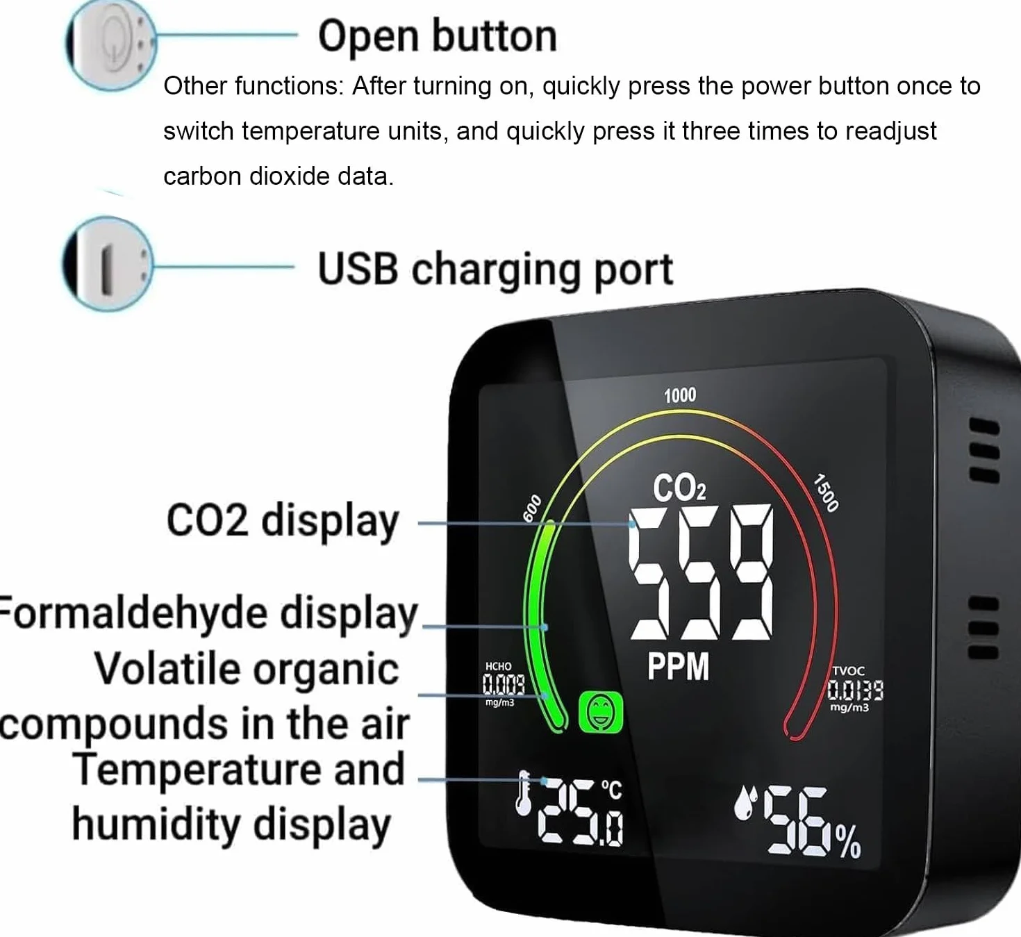 Medidor CO2 Detector CO2 Gas, 5 en 1 Detector de CO2 con Pantalla LED Medidor de Humedad y Temperatura TVOC HCHO Dormitorio Oficina Coche Multi
