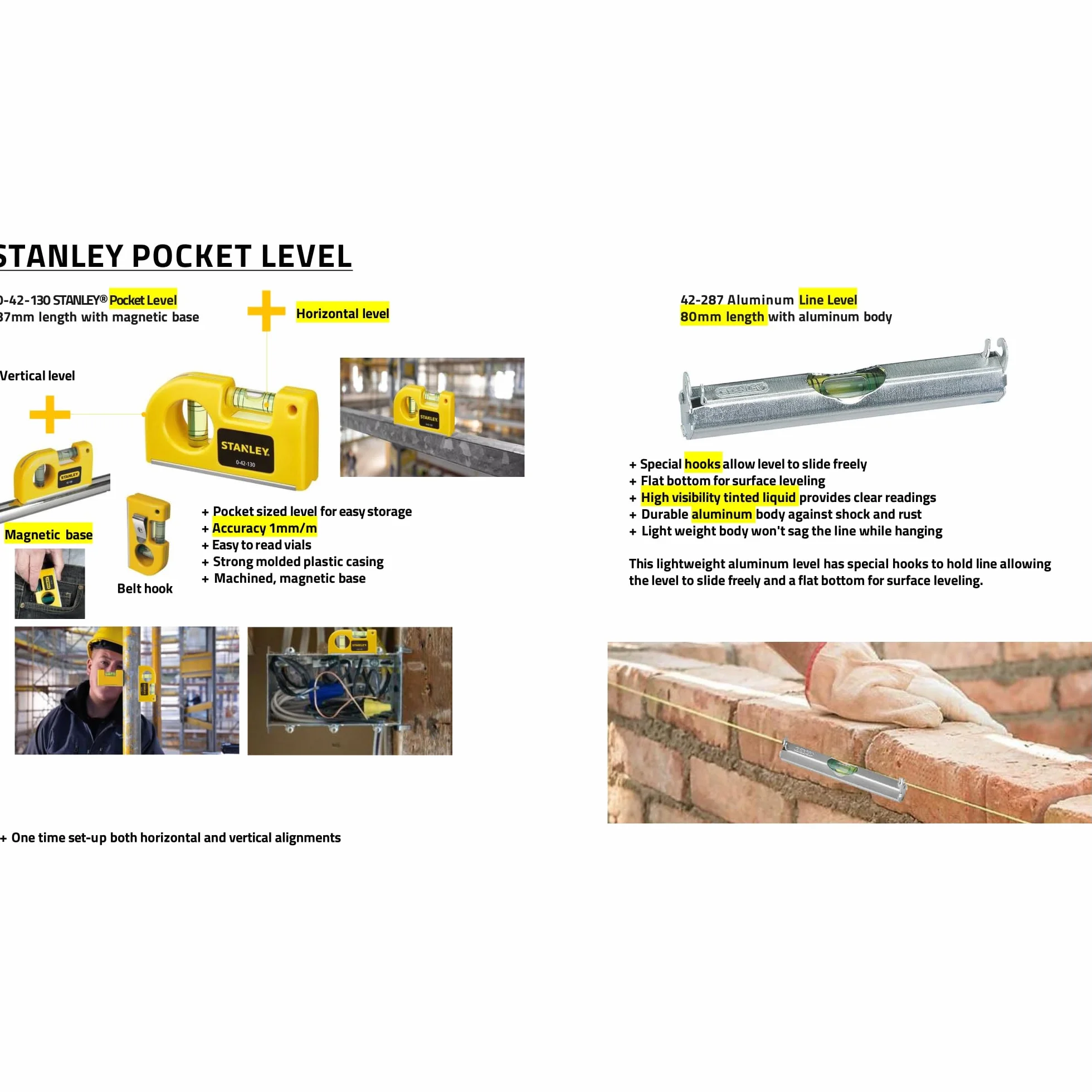 STANLEY Nivel de Bolsillo 0-42-130 Base Magnética Aluminio Precisión 2 mm/m