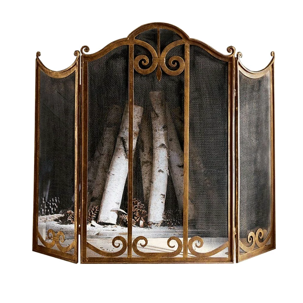 Salvachispas Chimenea Gran pantalla Oro Chimenea 3 Panel adornado forjado Hierro Metal Chimenea Permanente Gate acoplamiento decorativo de acero sólido de chispa protector de la cubierta exterior Herr