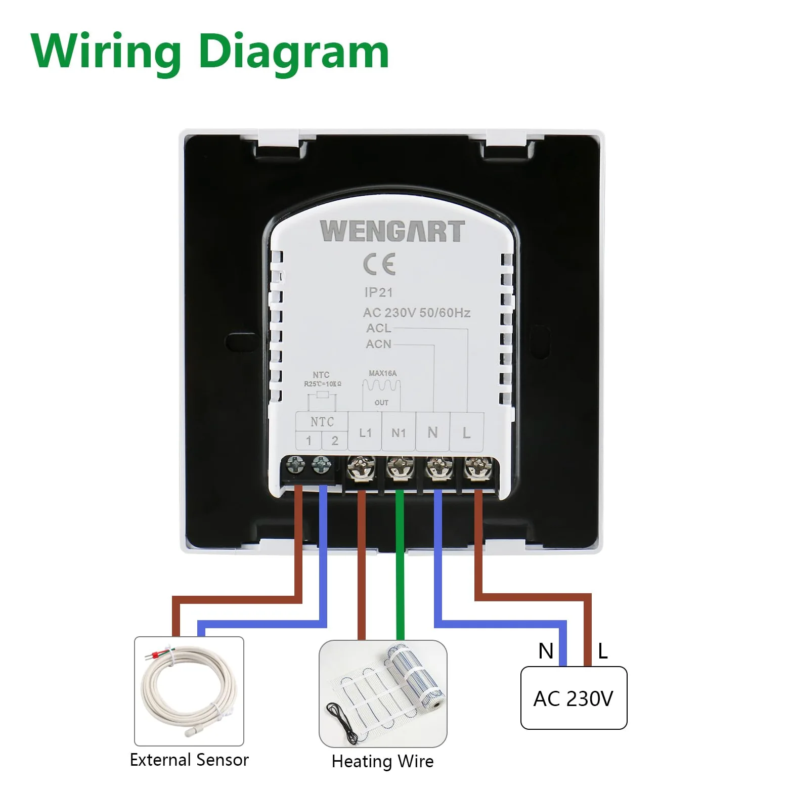 Wengart Termostato Negro Inteligente WG505 (16A), Pantalla Táctil LCD para Calefacción Eléctrica por Suelo Radiante, Doble Sensor (Aire/Suelo), Programable, Apto para Caja Cuadrada 86mm