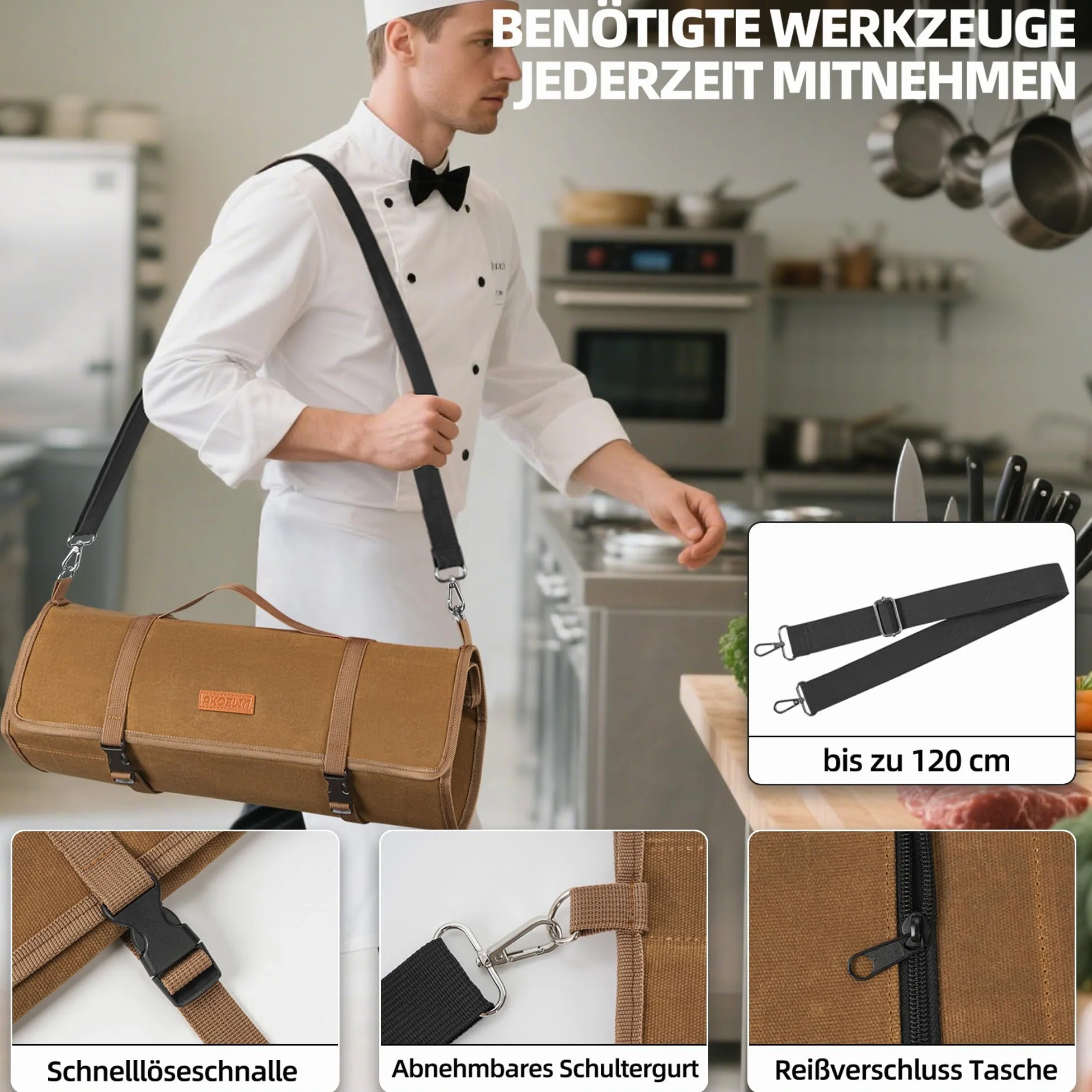 AKOZLIN Bolso de Cuchillo para Cocineros,marrón,10 hendiduras | tela de vela crecida,1 grande bolsillo de cierre, cinturón ajustable,30 gorros de protección de cuchillo,portátil