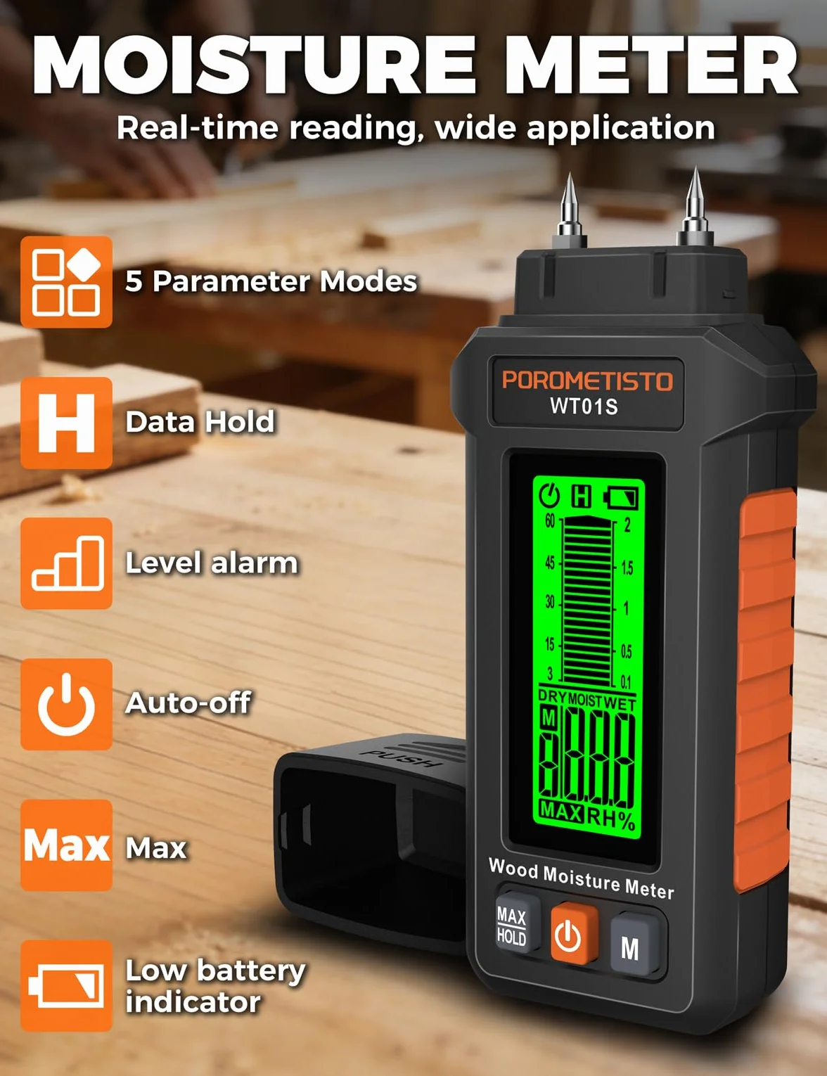 WT01S Medidor de Humedad con Pines para Madera y Pared, Higrómetro Digital con 5 Modos, Pantalla LCD Retroiluminada Tricolor, Función Hold y Max, para Madera y Construcción
