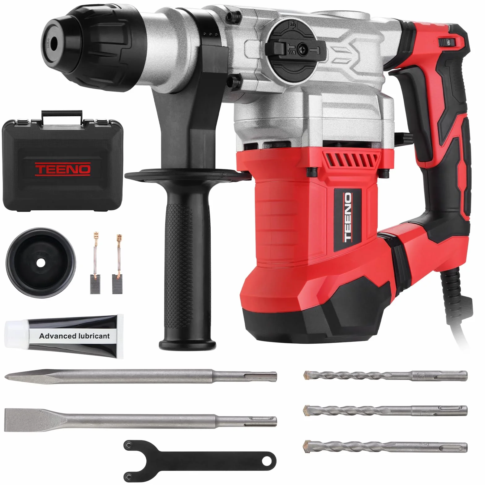 TEENO Martillo Perforador, 1500W Martillo Demoledor, Martillo Percutor con SDS-Plus Mandril, 7J, 1000RPM, 4500BPM, 4 Funciones, Control de Vibración, para Concreto, Metal y Madera