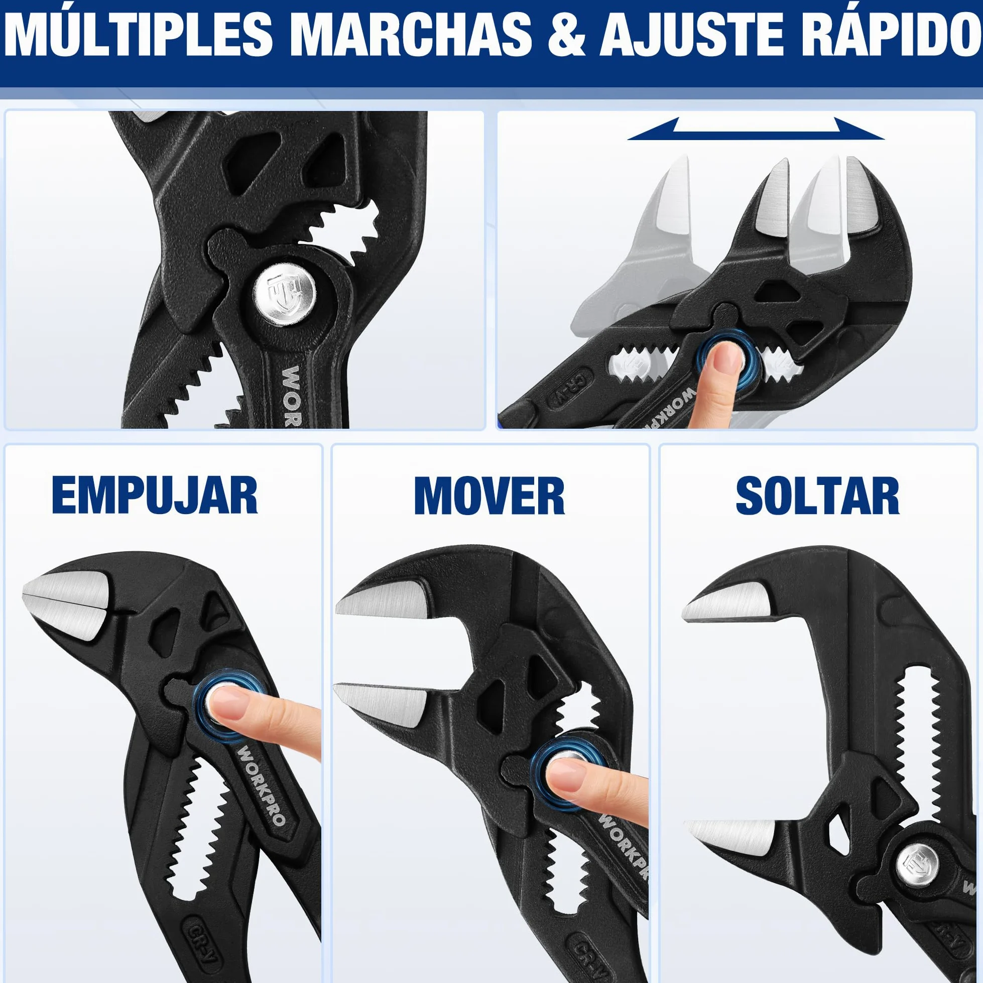WORKPRO Tenaza Llave de 2 Piezas, 180mm/255mm, Juego de Llave de Alicate de Cr-V, Llave Ajustable, Tenazas con Mandíbula de Autoajuste, Apertura Máxima de Mandíbula 40mm/50mm