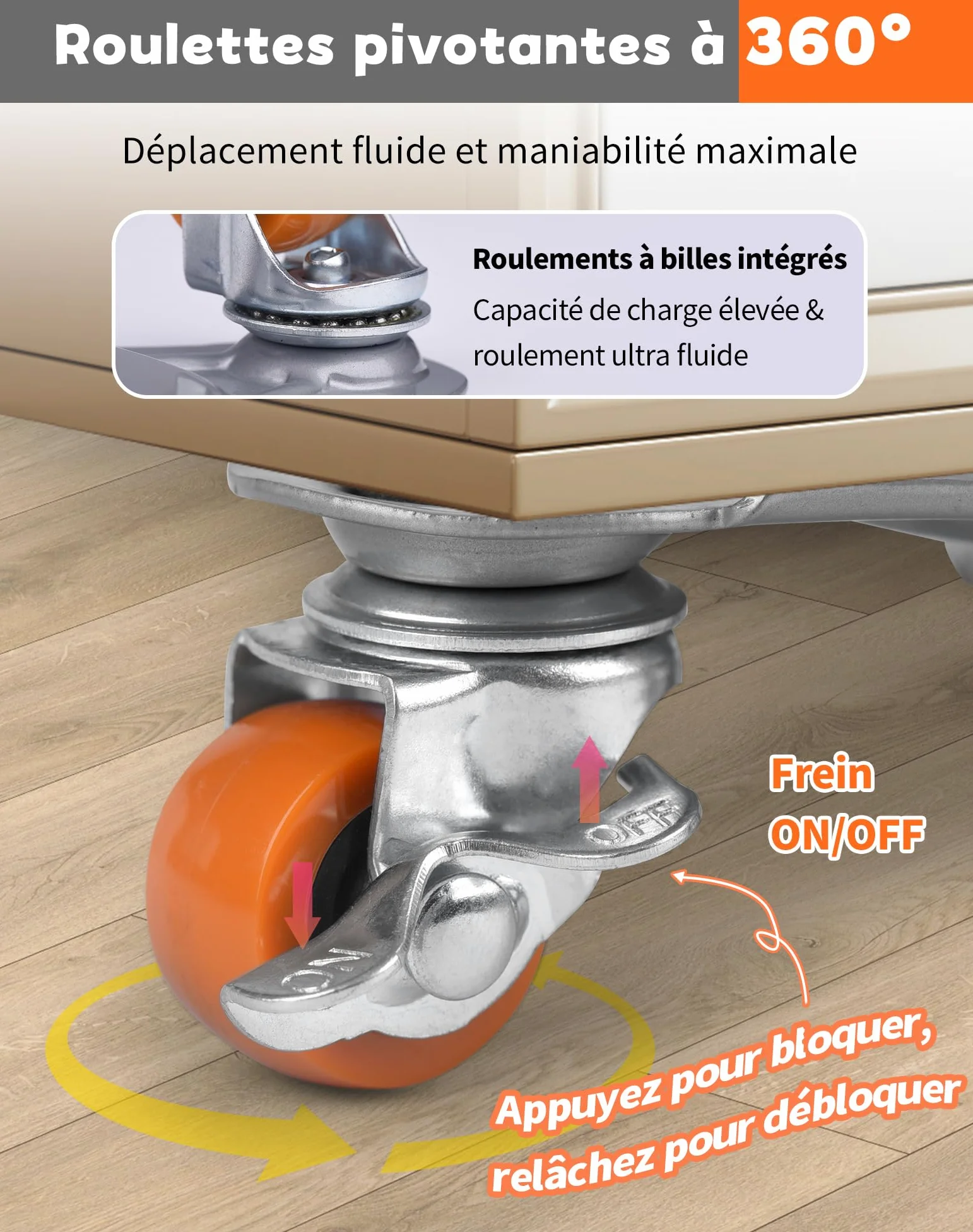 Kit de 4 Rodamientos Deslizantes y 1 Levantador – Mover Muebles de hasta 400 kg, Ruedas de TPE con Giro Total, Ideal para Sofás, Camas, Electrodomésticos