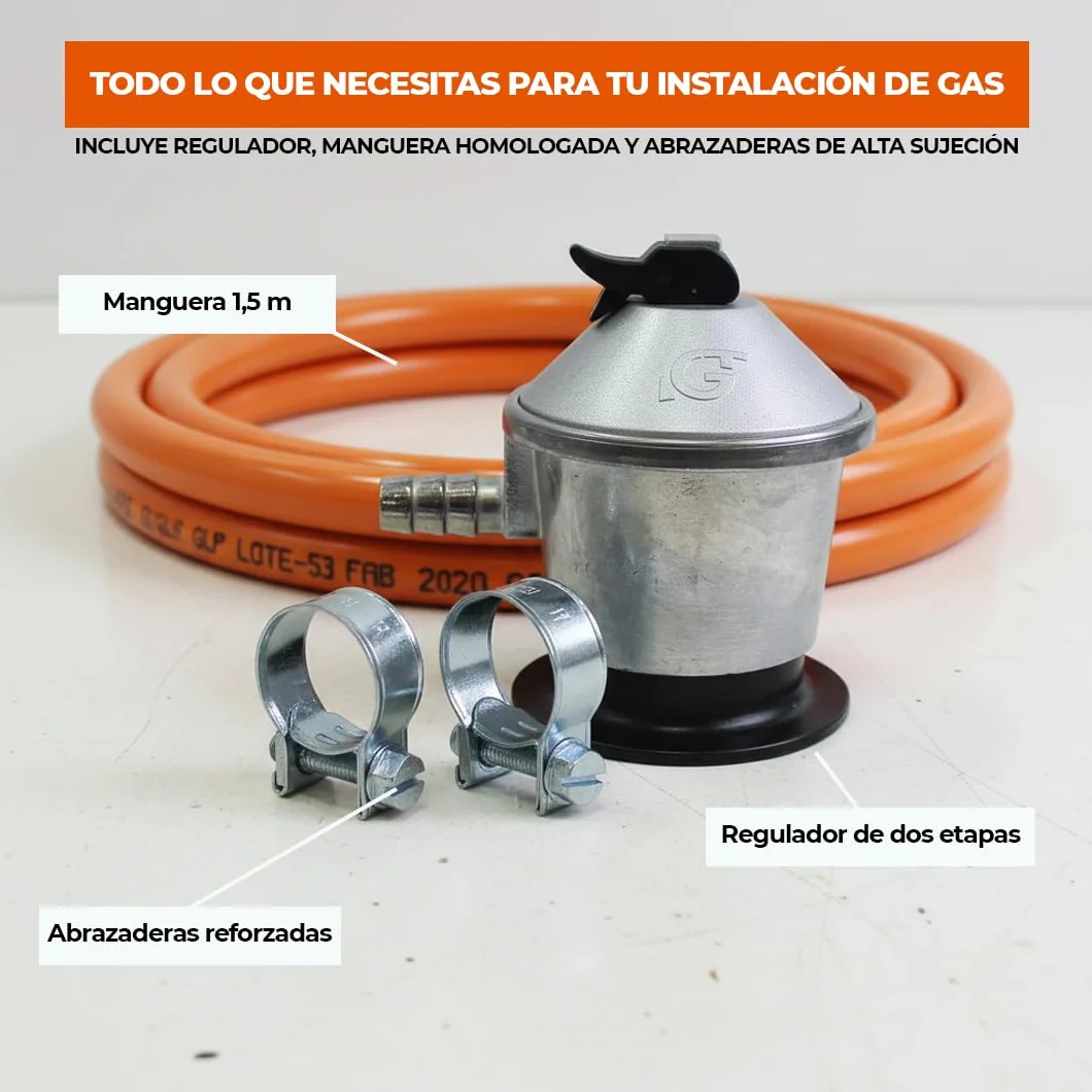 Kit Completo para Instalaciones de Gas Butano y Propano - Regulador de Gas 2,5 kg/h - Manguera Butano 1,5 mt 9-15 mm - 2 Abrazaderas