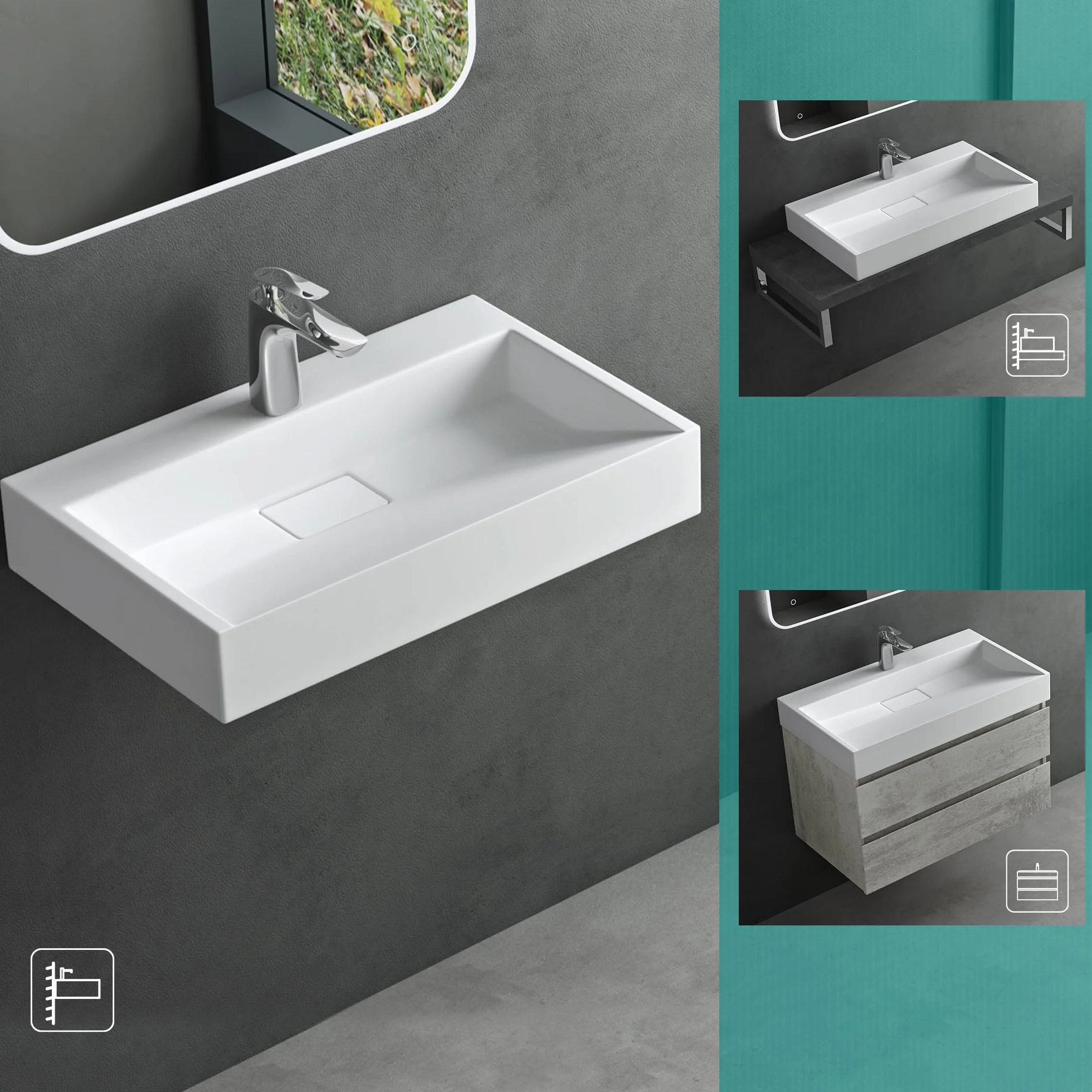 Mai & Mai Lavabo sobre Encimera Lavabo Suspendido Baño | Rectangular | Blanco Mate | Mármol Fundido | 70x46x11cm | 1 Orificio para Grifo con Válvula de Desagüe | Colossum19