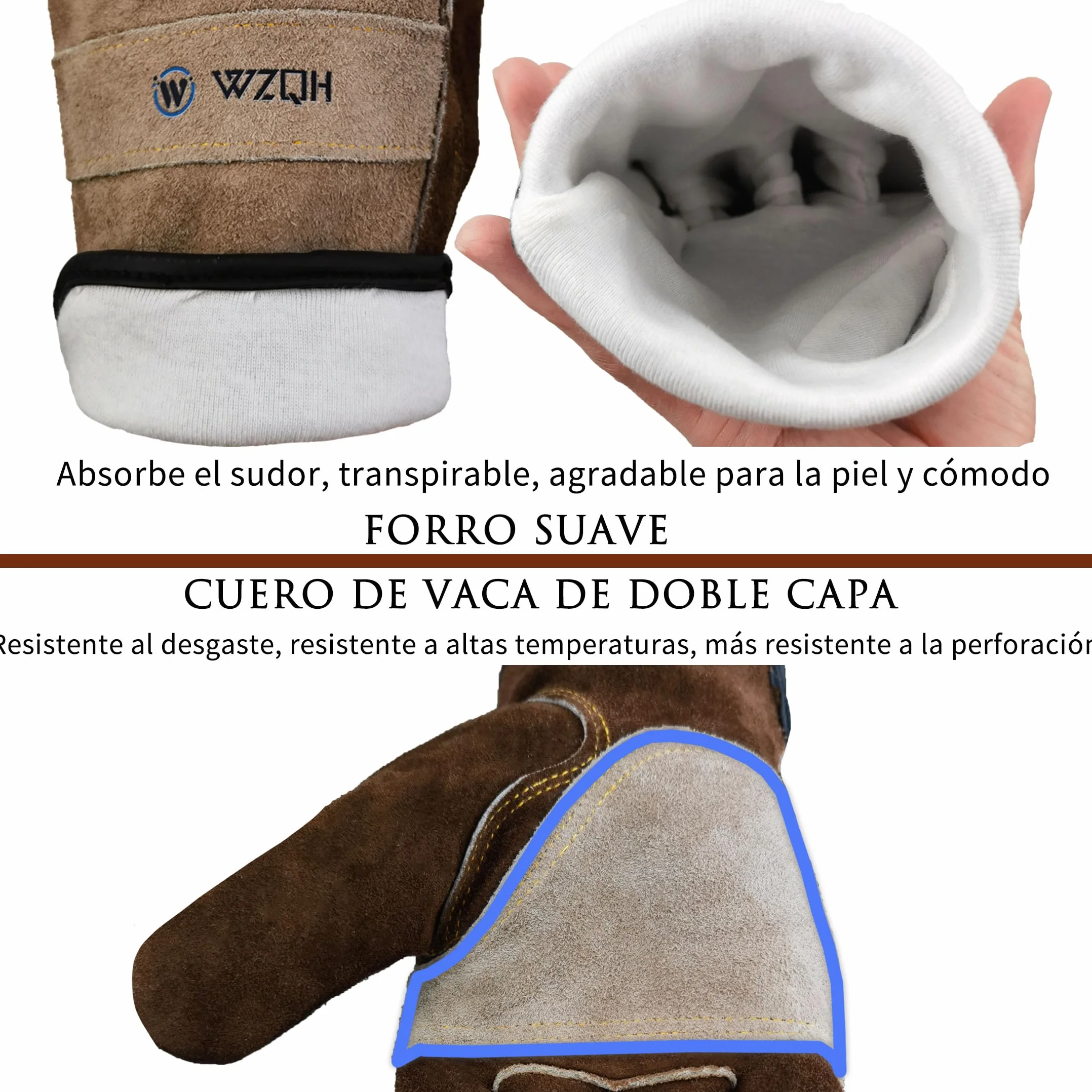 Guantes de Trabajo de Cuero Piel de Vaca Café Gris M para Jardinería Soldadura Construcción