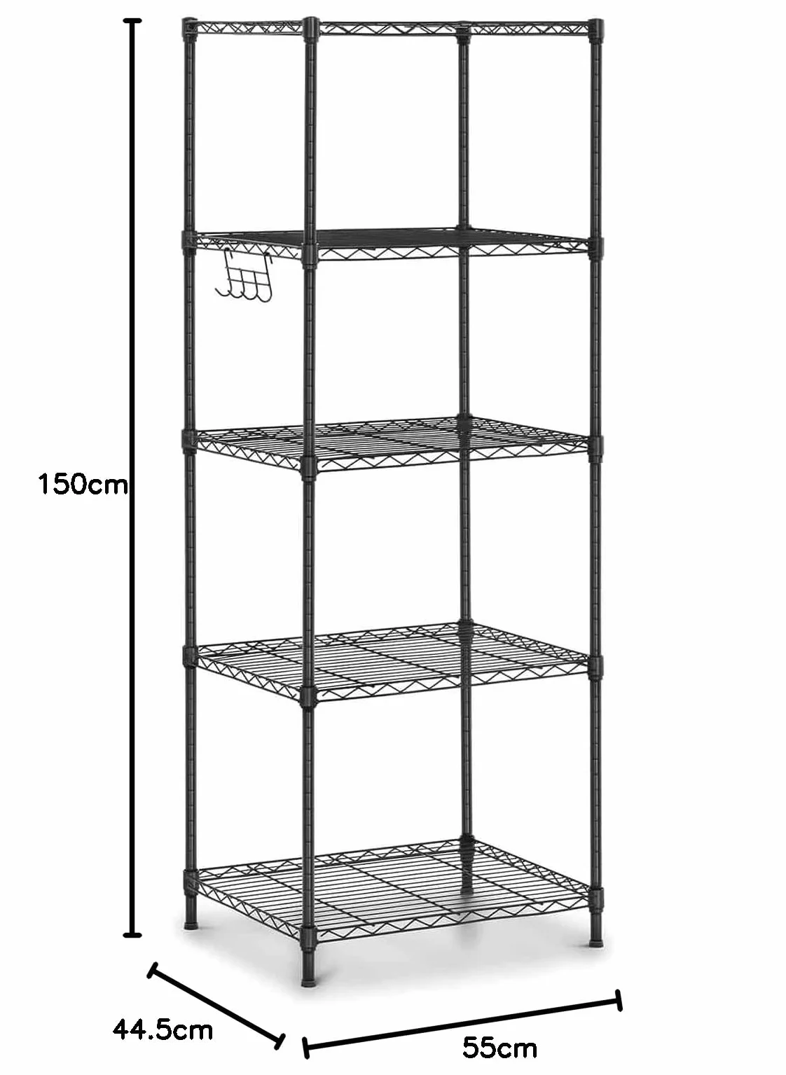 Royal Catering Estantería De Metal Estante Metálico RCMR-1500P19T (55 x 45 x 149,5 cm, Capacidad de carga total: 150 kg, 5 estantes, 4 ganchos, Negro)