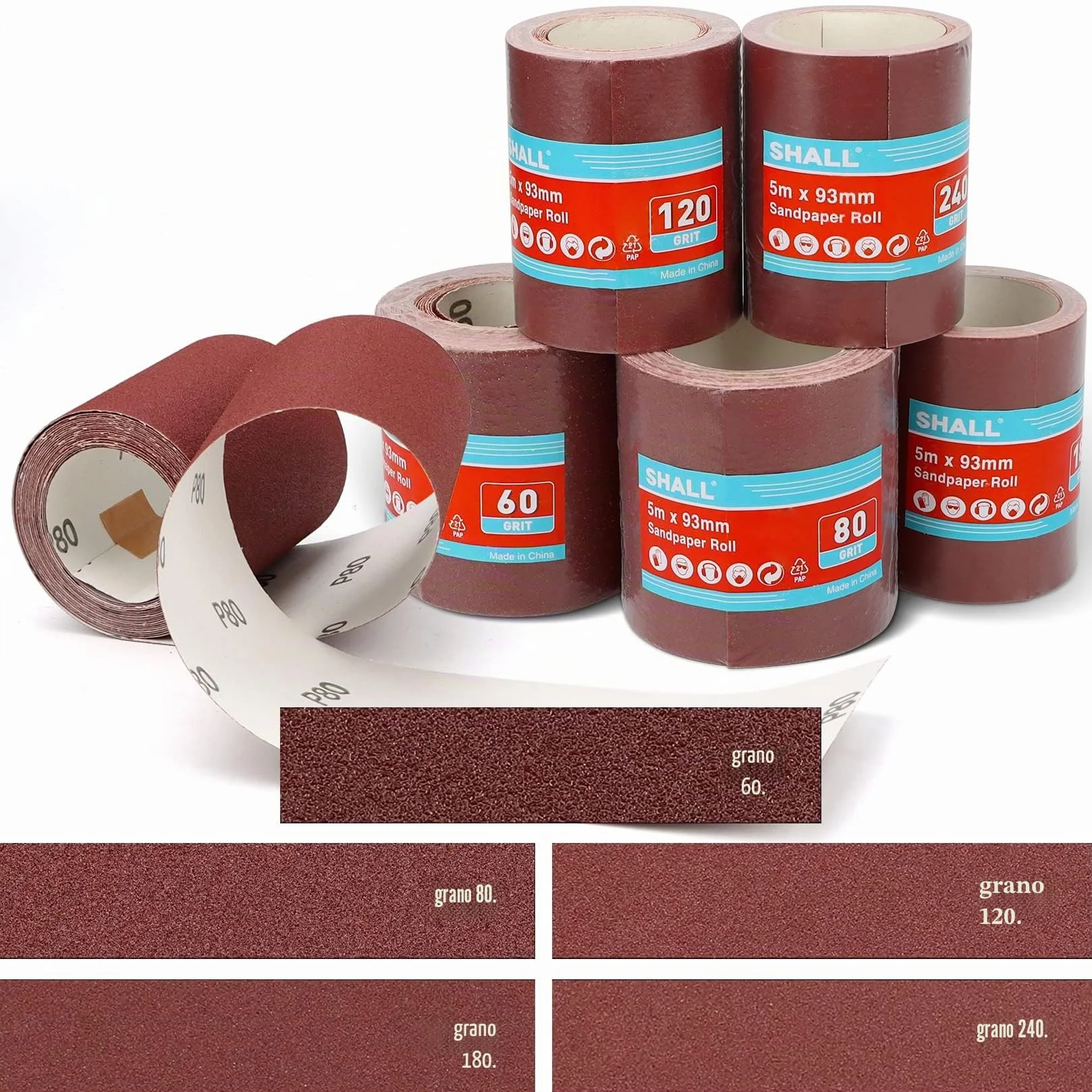 SHALL Juego de 5 rollos de papel de lija 9,3 cm x 5 m, grano 60/80/120/180/240, óxido de aluminio para lijar y pulir