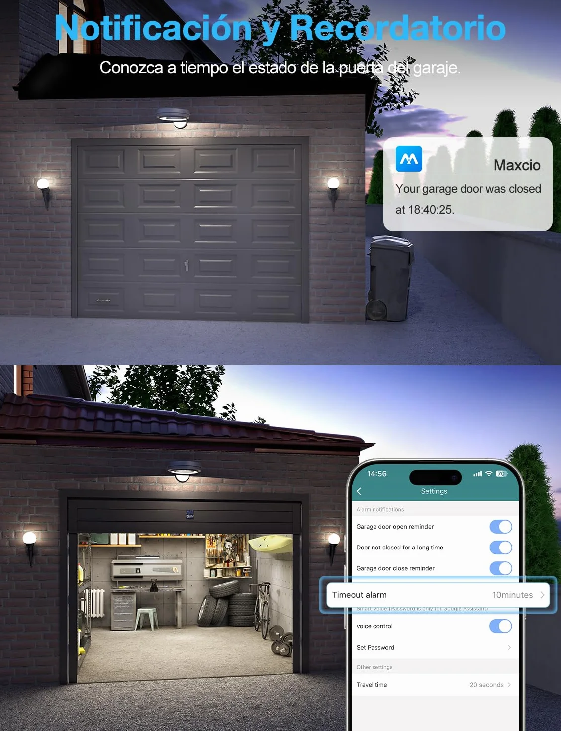Maxcio Abridor de Puerta de Garaje Inteligente WiFi, Compatible con Alexa/Google Home, Control por Aplicación, control por Voz, compatible con CC y CA, No Requiere Hub, Con Control Remoto