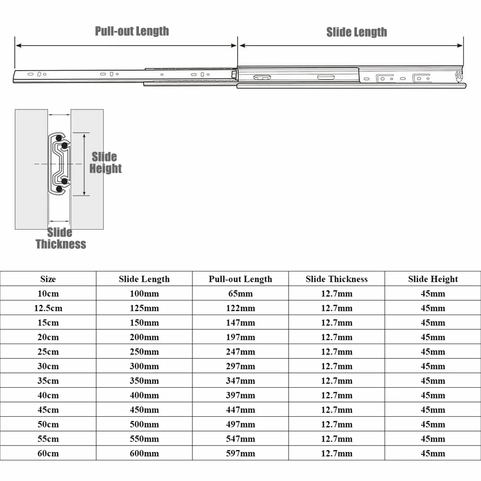 2 pares Guías Laterales para Cajones con Rodamiento de Bolas 40cm Extracción Total, Capacidad de Carga 45 kg, Negro