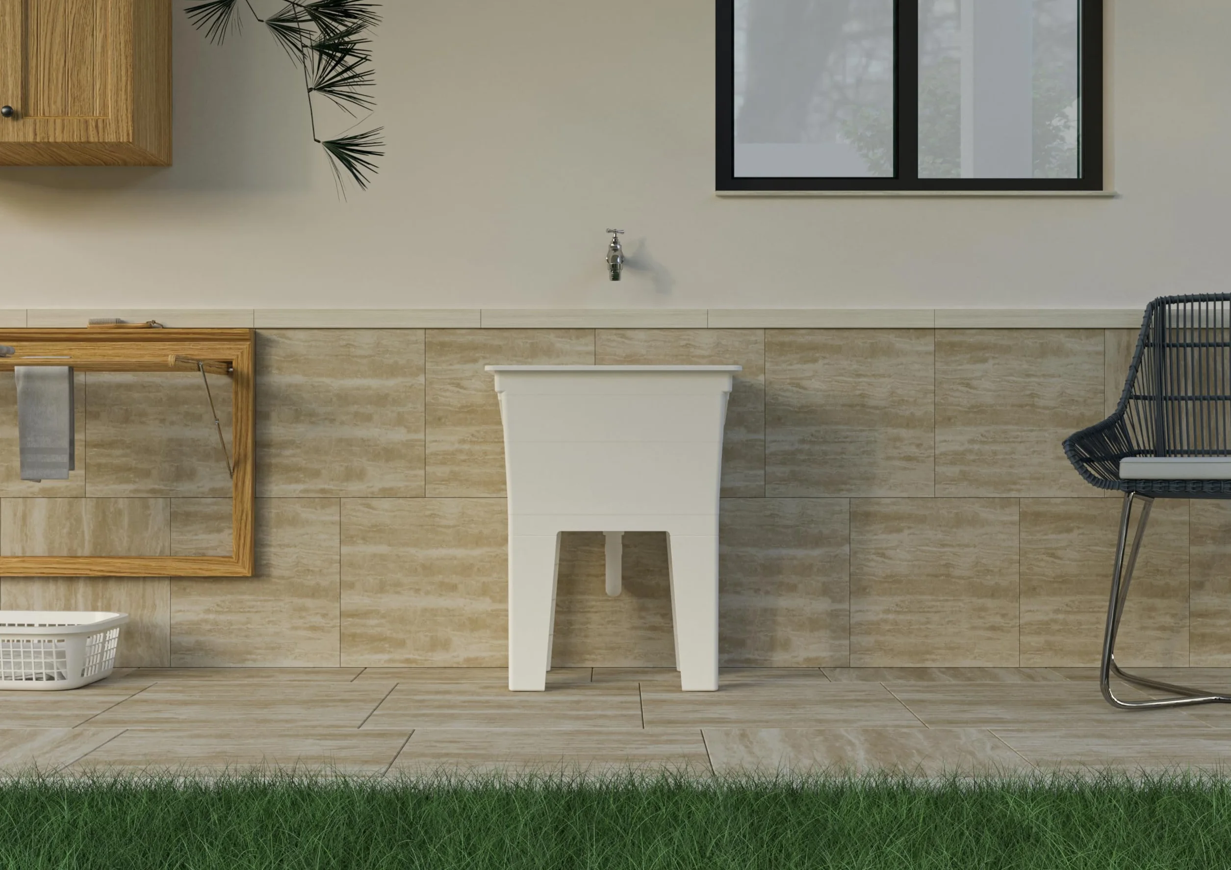 Adventa Lavadero monobloque de resina PP 59x40x74 cm blanco resistente ácidos