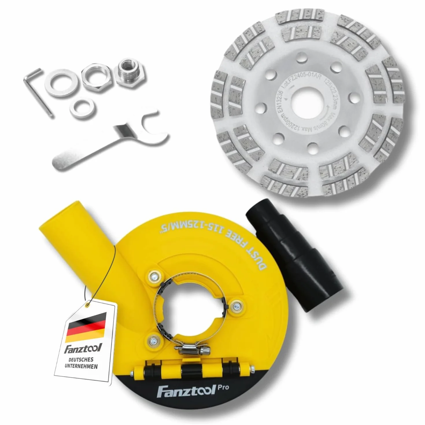 FANZTOOL 3.Generation - Cubierta de extracción para amoladora angular (incluye cabezal de lijado de diamante de 125 mm, calidad profesional, cepillos intercambiables, 99% universal, anillo adaptador