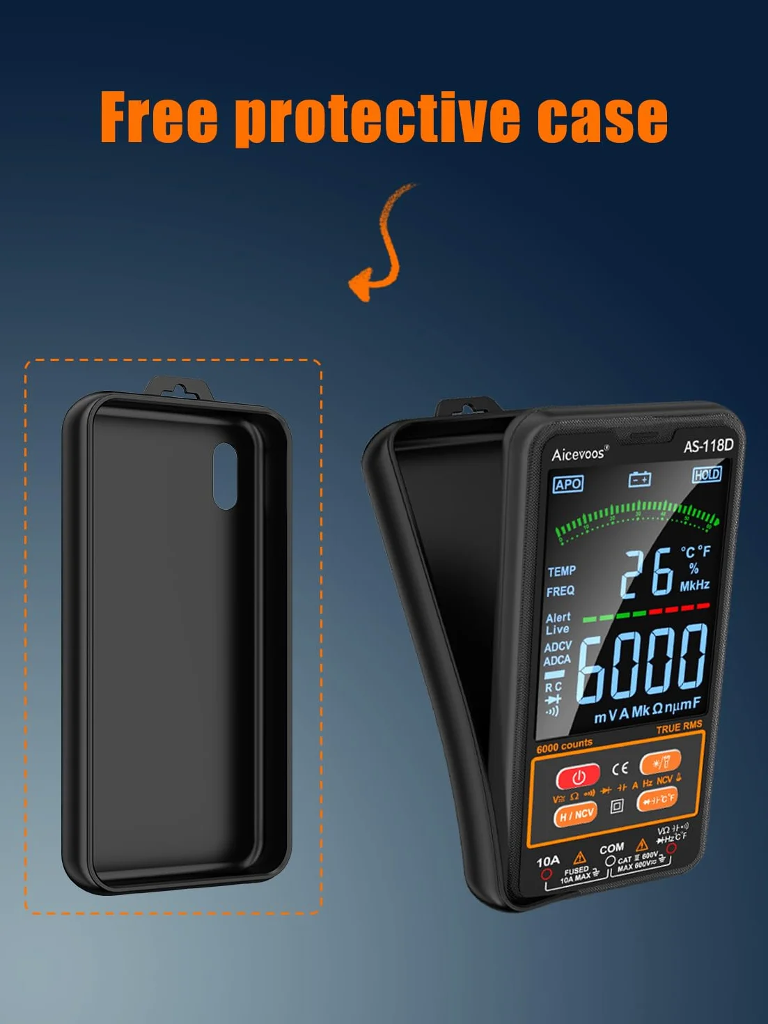 AS-118D Multimetro Digital Polimetro Digital Multimetro Digital Profesional Auto-Rango TRMS para Medir CA/CC Corriente, Voltaje, Resistencia, Frecuencia, Capacidad, NCV, Diodes | negro