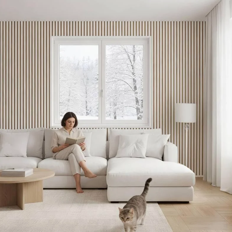 DECOON – Panel de pared listones de madera rígida 250 x 30 x 1,4 cm, decoración blanca y fondo de roble, revestimiento decorativo 3D para paredes interiores, fácil de colocar, efecto alivio moderno