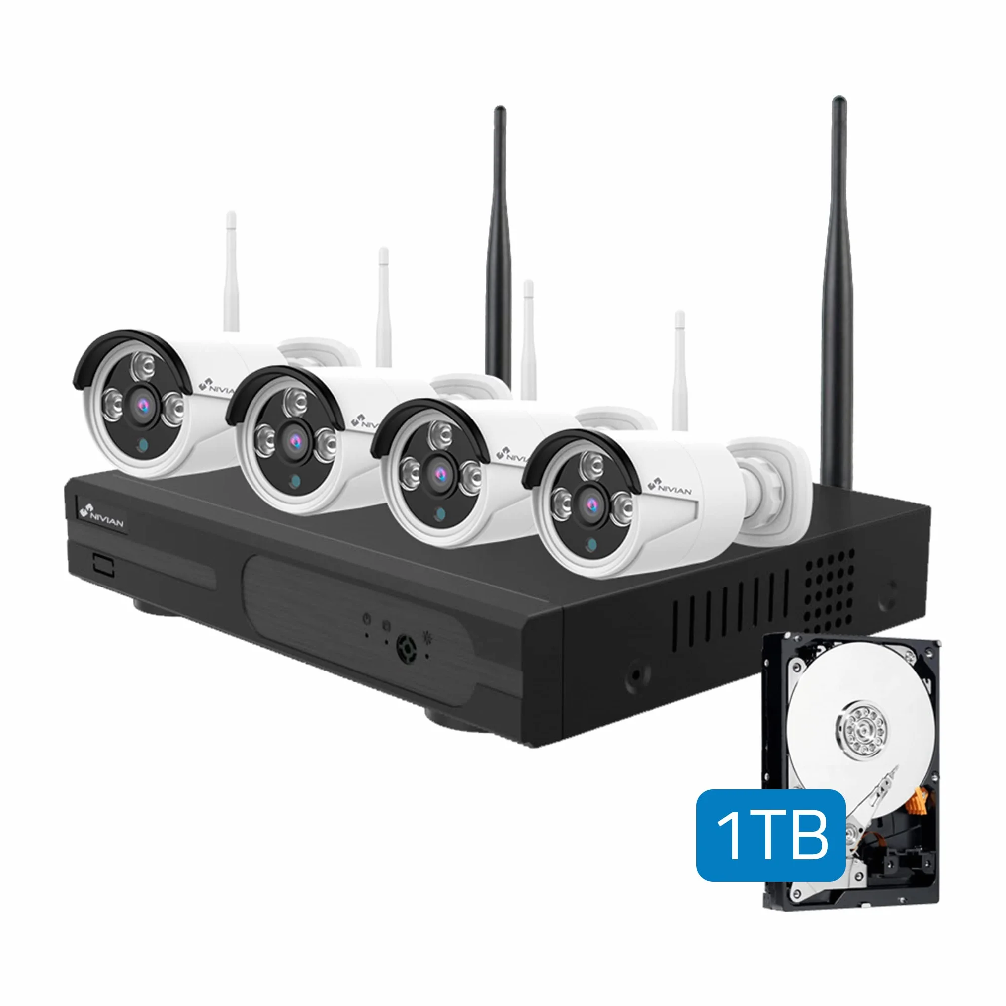 Nivian Kit de Cámaras de Vigilancia WiFi 2K con Grabador 10CH y 4 Cámaras Exterior Impermeables IP66,Visión Nocturna, Detección de Movimiento, Fácil Instalación Sin Cables, Notificaciones en App