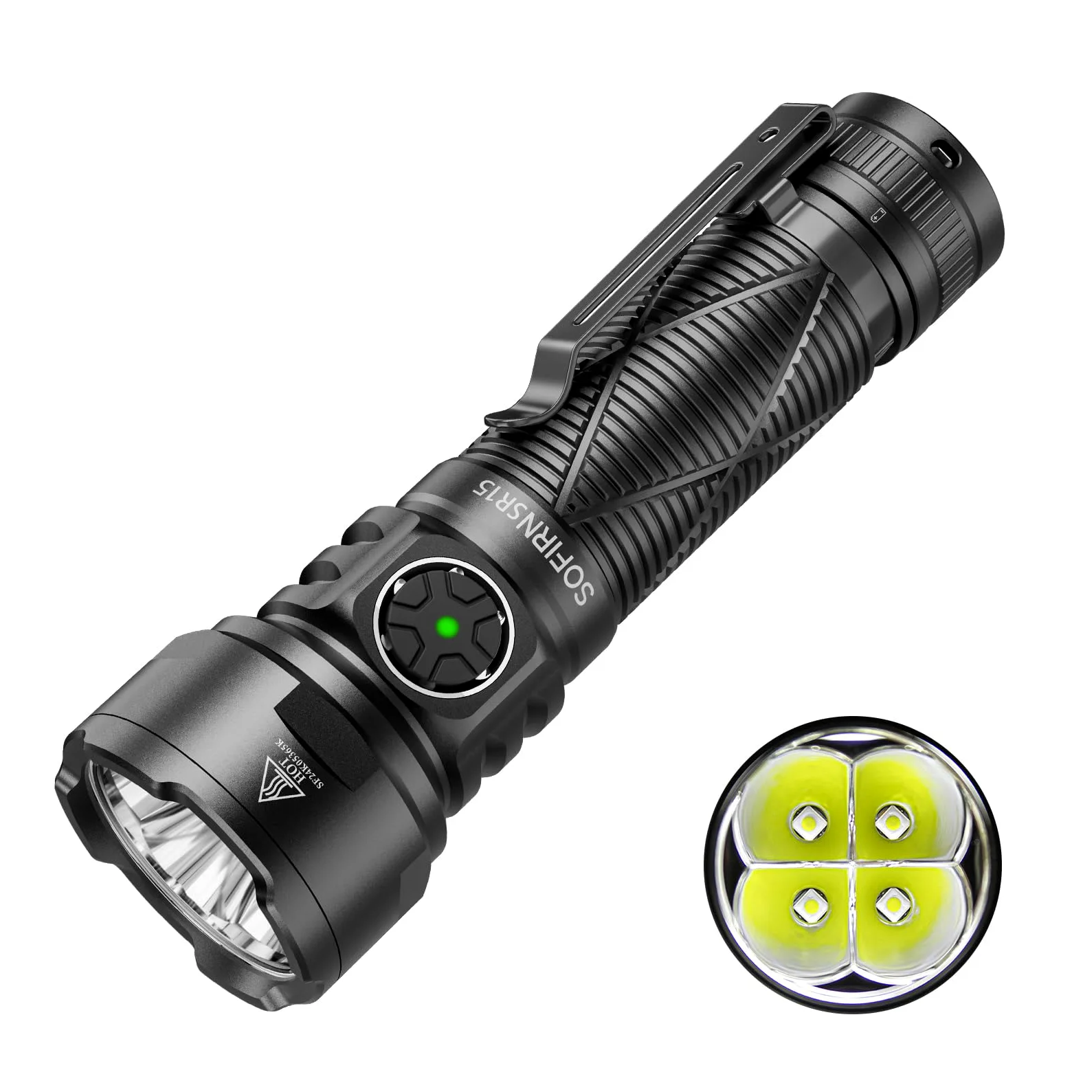 Sofirn SR15 Linterna LED Recargable, 4500 Lúmenes, 510 m Alcance, Linterna Tactica con 8 Modos, USB-C, IPX8 Impermeable, Base Magnética, Clip y Diseño Compacto para Trabajo, Emergencias y Uso Diario