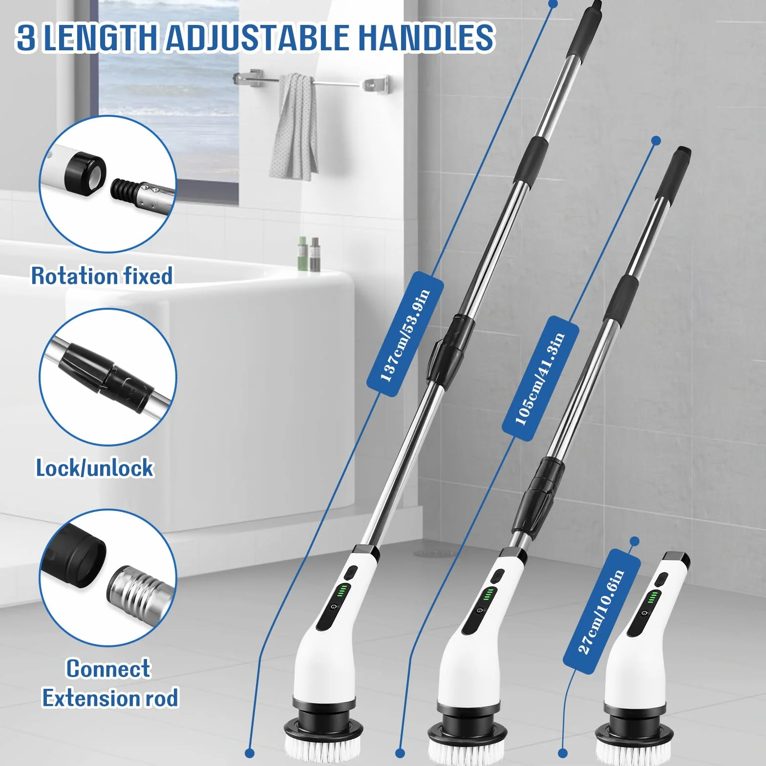 Cepillo Electrico Limpieza Hogar Kit, Escoba Limpieza Fregadora Electrica, con 7 Cabezales de Cepillo de Repuesto, Power Scrubber con Mango Ajustable, para Baño, Suelo de Baldosas, Coche