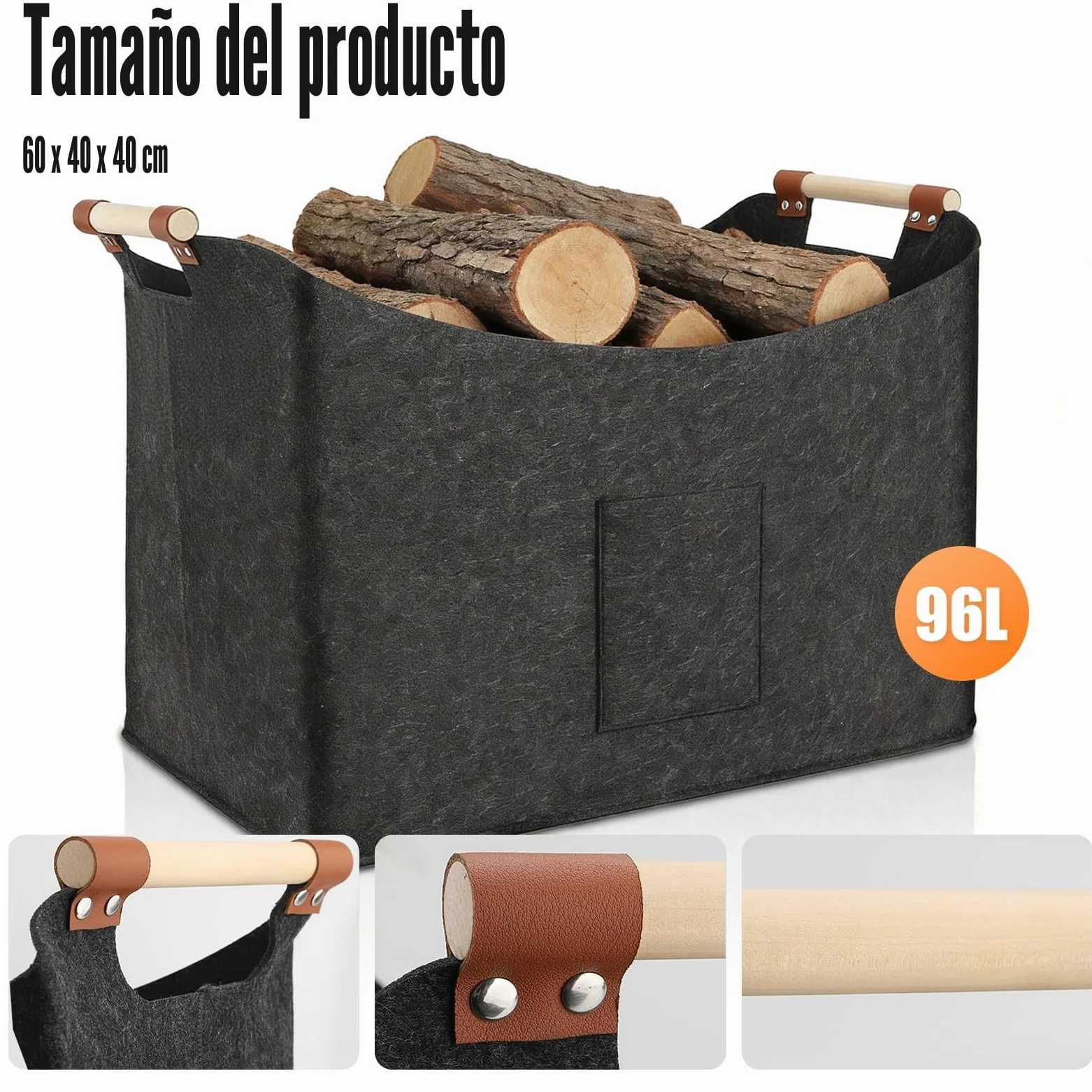 Cesta Plegable para Leña de 96 L, Fieltro Extragrueso, Mango Reforzado, Negro