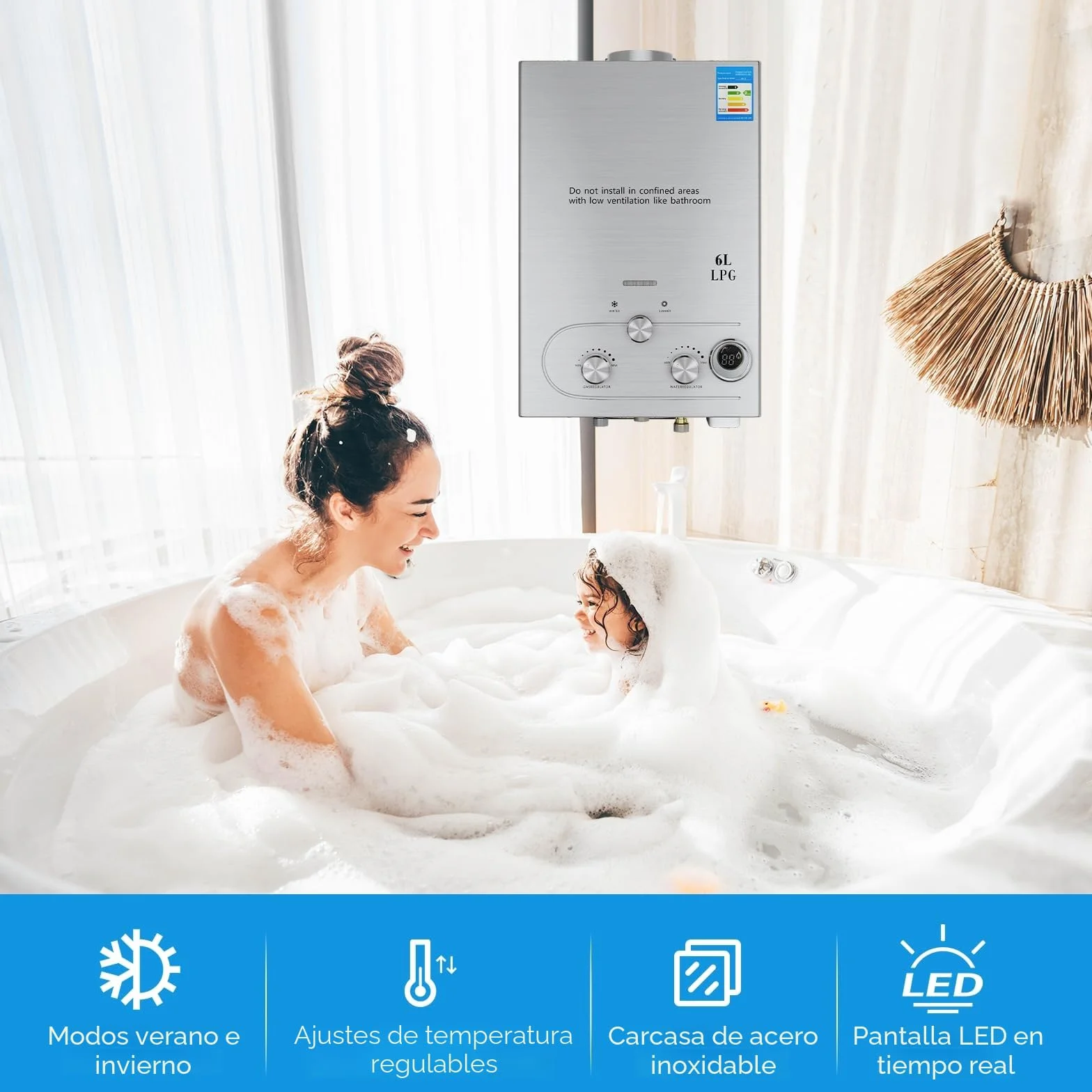 Calentador de agua a gas propano GPL 6L 16kw, modo invierno-verano, instantáneo sin depósito, kit ducha para camping RV casa