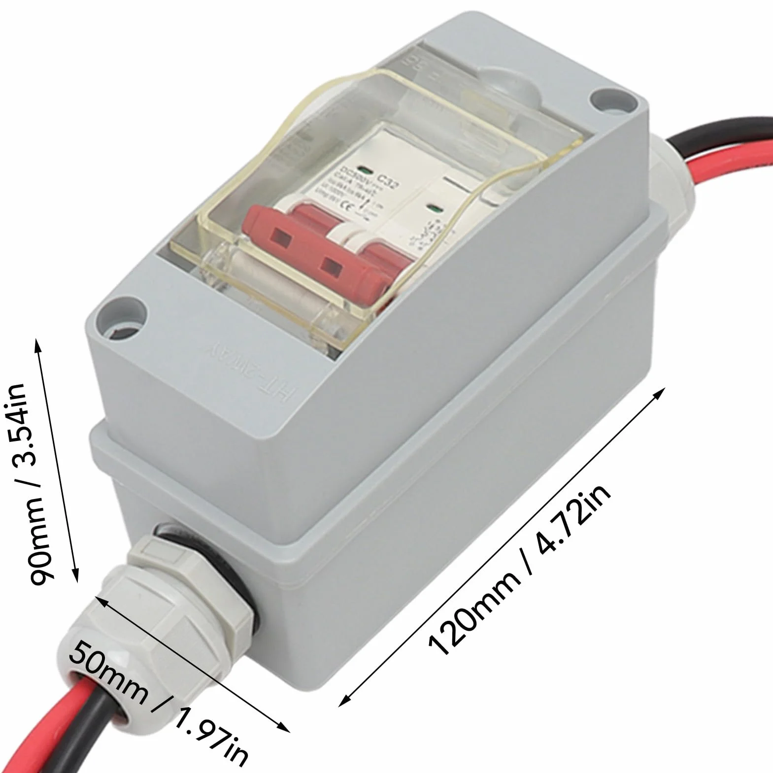 Caja de Distribución de Disyuntores 2P MCB DC 500V 32A Interruptor de Desconexión con Disyuntor a Prueba de Agua IP65 para Sistemas Solares, Hogar, RV (Con cable y conector