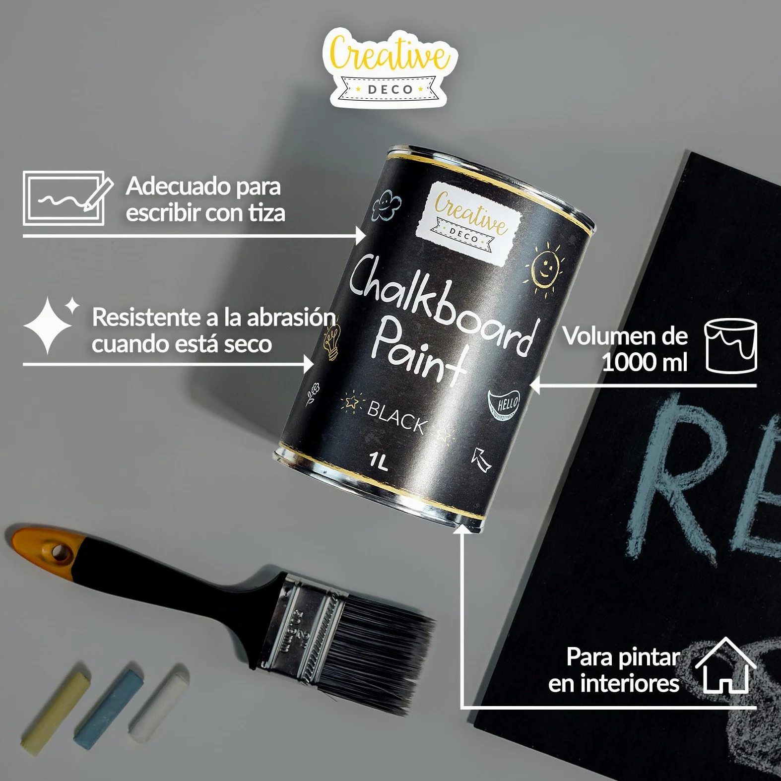 Creative DECO Pintura para Pizarra Negra | 1000 ml | Eficiencia 2 m² con 3 capas | Pintura Mate para Paredes, Madera, Metal, Vidrio y Otros | a Base de Agua | No Tóxica | Escribir y Dibujar con Tiza