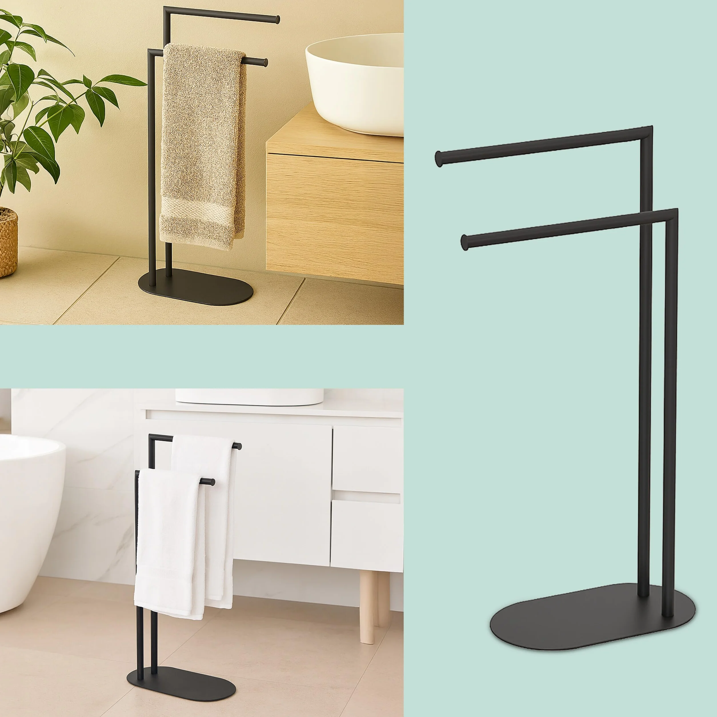 Toallero Relaxdays de pie, Metal, 2 Barras Ajustables, 78,5 x 38,5 x 17 cm, Blanco