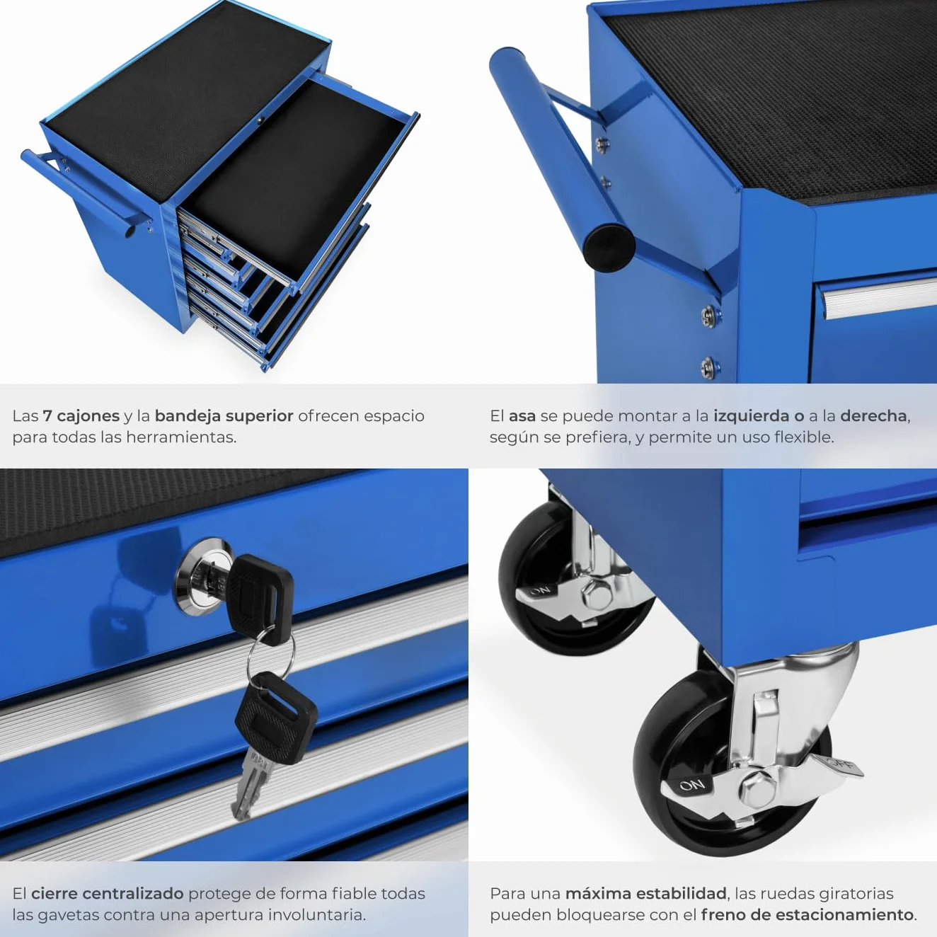 Tectake Carrito Auxiliar con Ruedas, 7 Cajones, Organizador de Herramientas, Armario Metálico, Azul