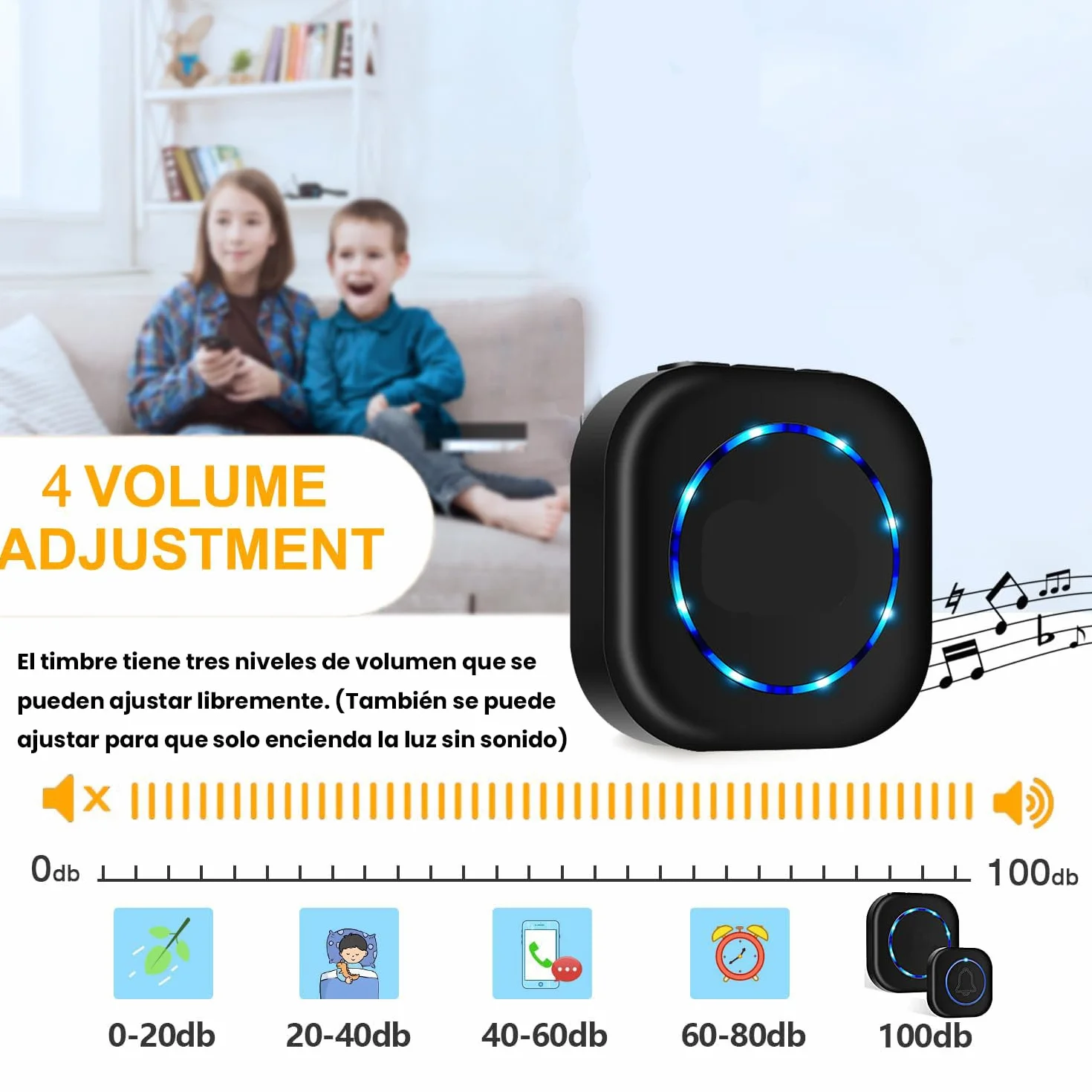 Timbre Inalámbrico Impermeable IP55 300 Metros 38 Melodías 4 Niveles de Volumen 0-110dB Enchufable para Puerta