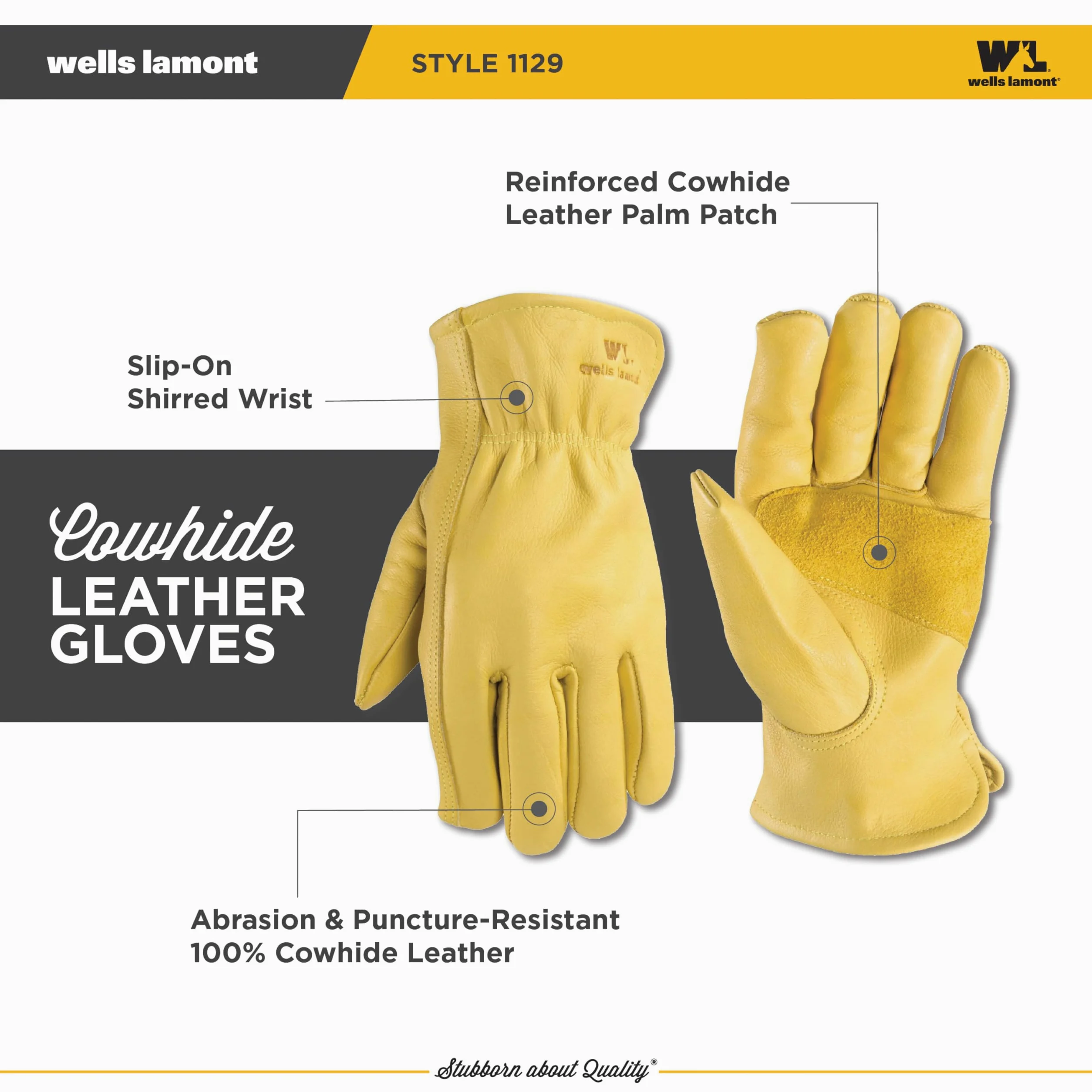 Wells Lamont Guantes de trabajo para hombre, cuero vacuno, palma reforzada, talla S | Resistente a la abrasión, resistente a pinchazos, construcción, agricultura, ganadería, resistente, sin cordones